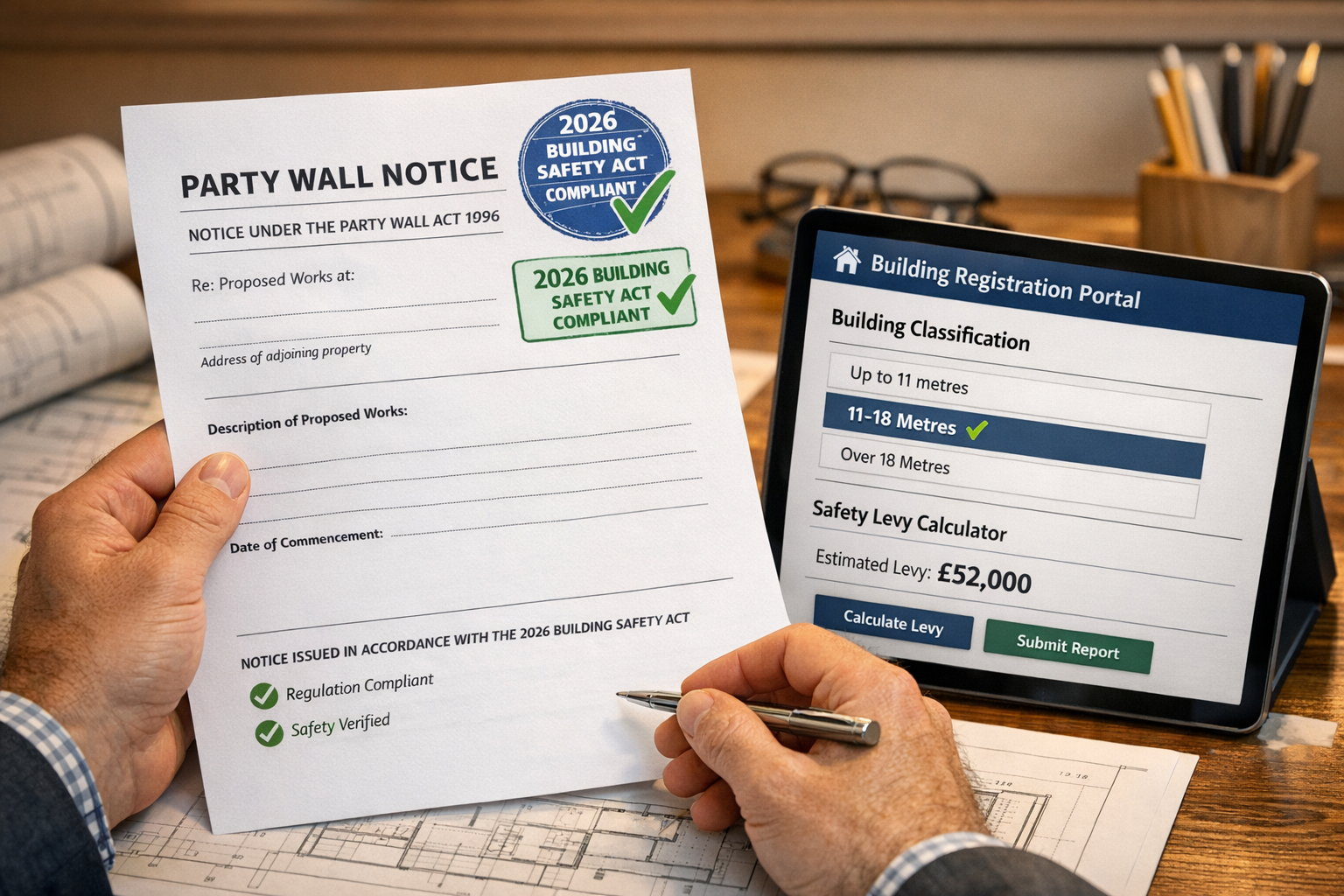 Detailed () image showing close-up of surveyor's hands holding official party wall notice document with 2026 Building Safety