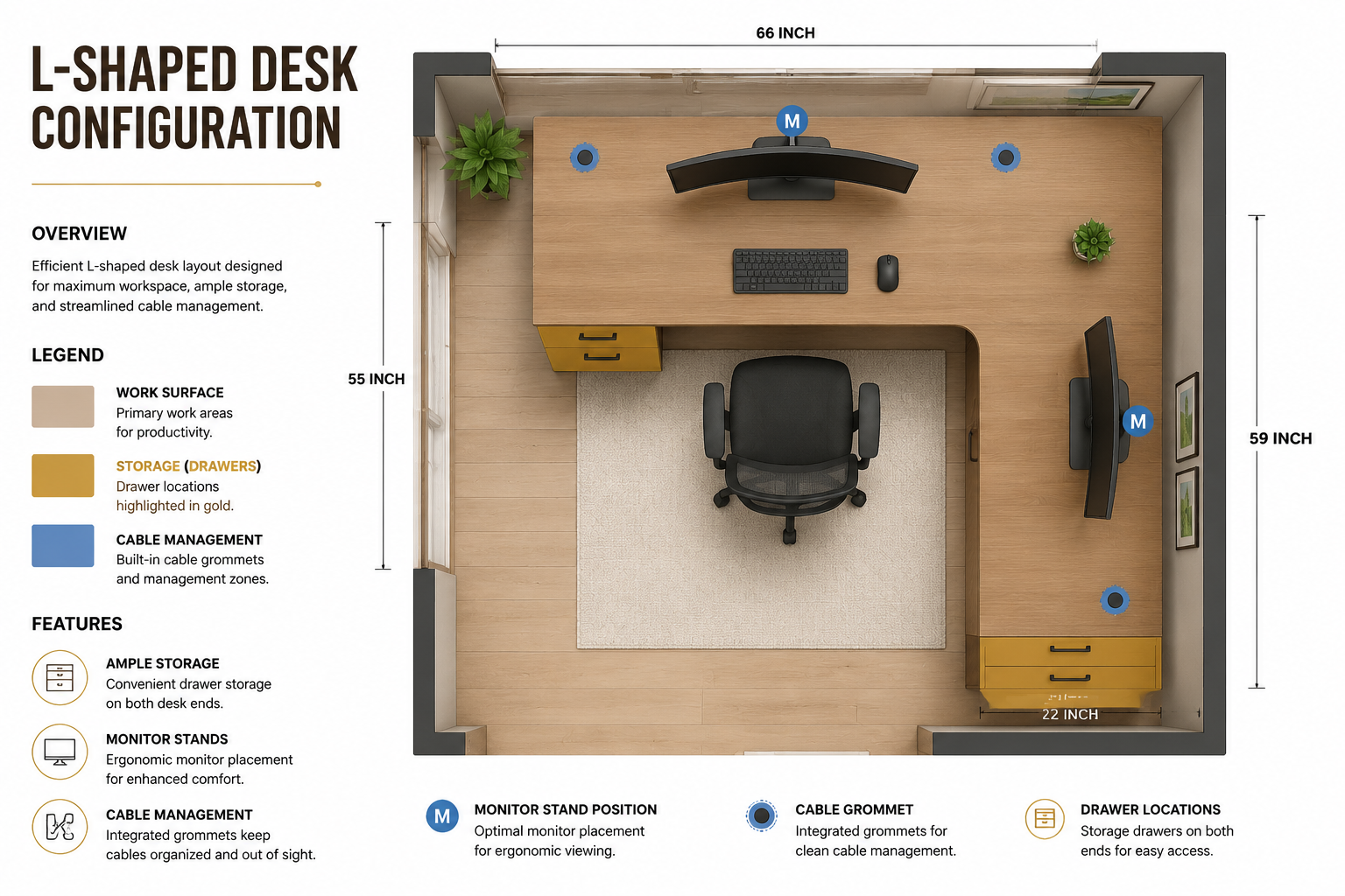 L Shaped Office Desk With Drawers Digital illustration, graphic design style, Detailed landscape format (1536x1024) infographic-style illustration showing a top-down floor plan view of an L-shaped desk configuration in a corner office space, with labeled dimensions (55-inch, 59-inch, 66-inch spans), drawer locations highlighted in gold, monitor stand positions marked, and color-coded zones for work surface, storage, and cable management. Clean architectural drawing aesthetic with warm wood tones, white background, black annotation lines, and bold section labels. Professional interior design presentation style.