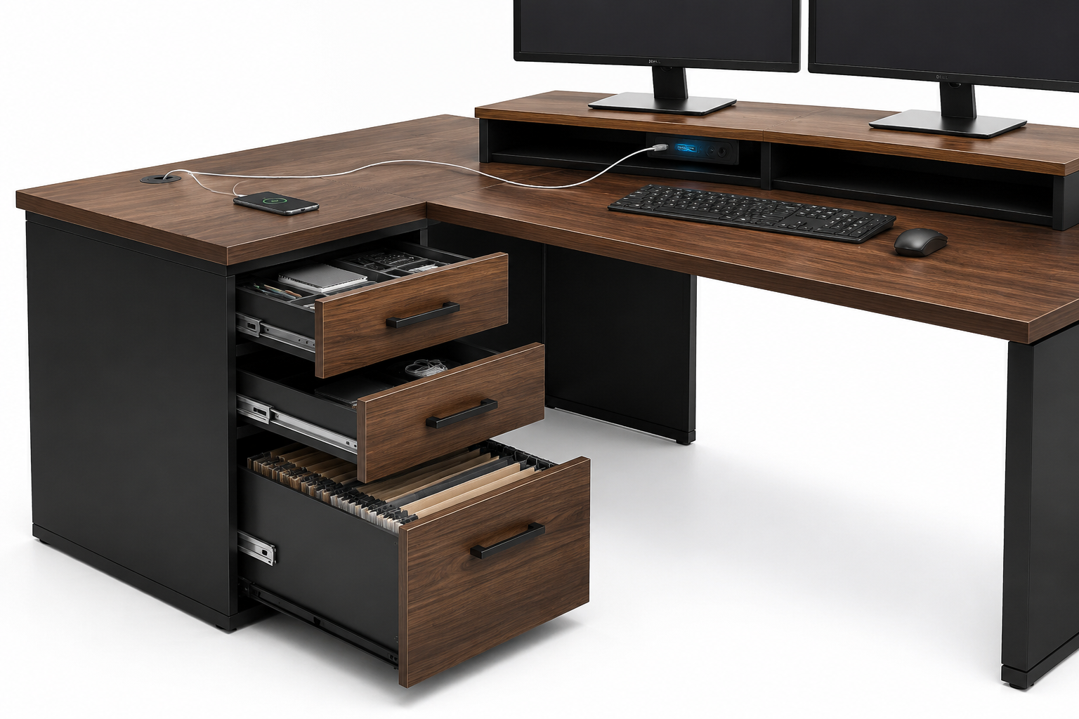 L Shaped Office Desk With Drawers Digital illustration, graphic design style, Detailed landscape format (1536x1024) close-up product photography showing a premium L-shaped office desk drawer unit with three drawers open at varying levels, revealing organized office supplies, hanging file folders, and a charging cable routed through a built-in grommet. The desk surface shows a dual monitor setup on an integrated riser stand, USB-C charging port glowing blue, and a sleek keyboard. Two-tone black-and-walnut finish. Studio lighting with soft shadows, white background, commercial product photography quality.