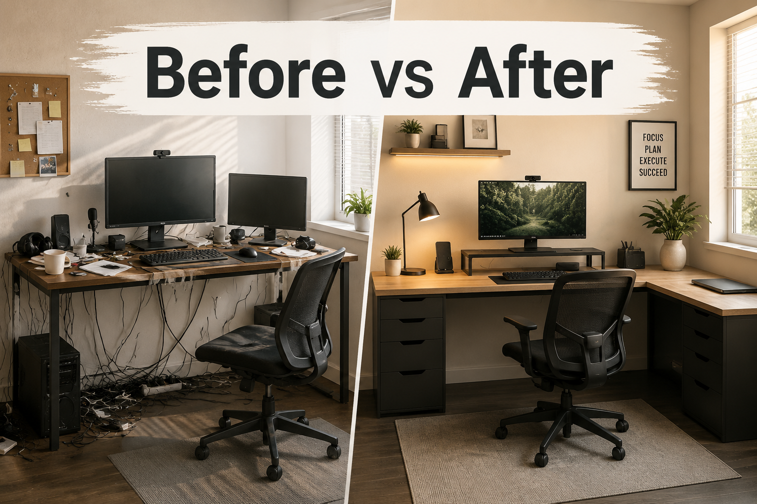 L Shaped Office Desk With Drawers Digital illustration, graphic design style, Detailed landscape format (1536x1024) split-panel comparison image showing two distinct home office setups side by side: LEFT panel shows a cluttered, disorganized standard rectangular desk with cables everywhere and no storage; RIGHT panel shows a clean, organized L-shaped office desk with drawers, cable management, monitor riser, and minimal clutter. Bold label text 'Before vs After' in dark charcoal. Warm natural light from window, realistic room environment, lifestyle photography quality with slight editorial overlay treatment.
