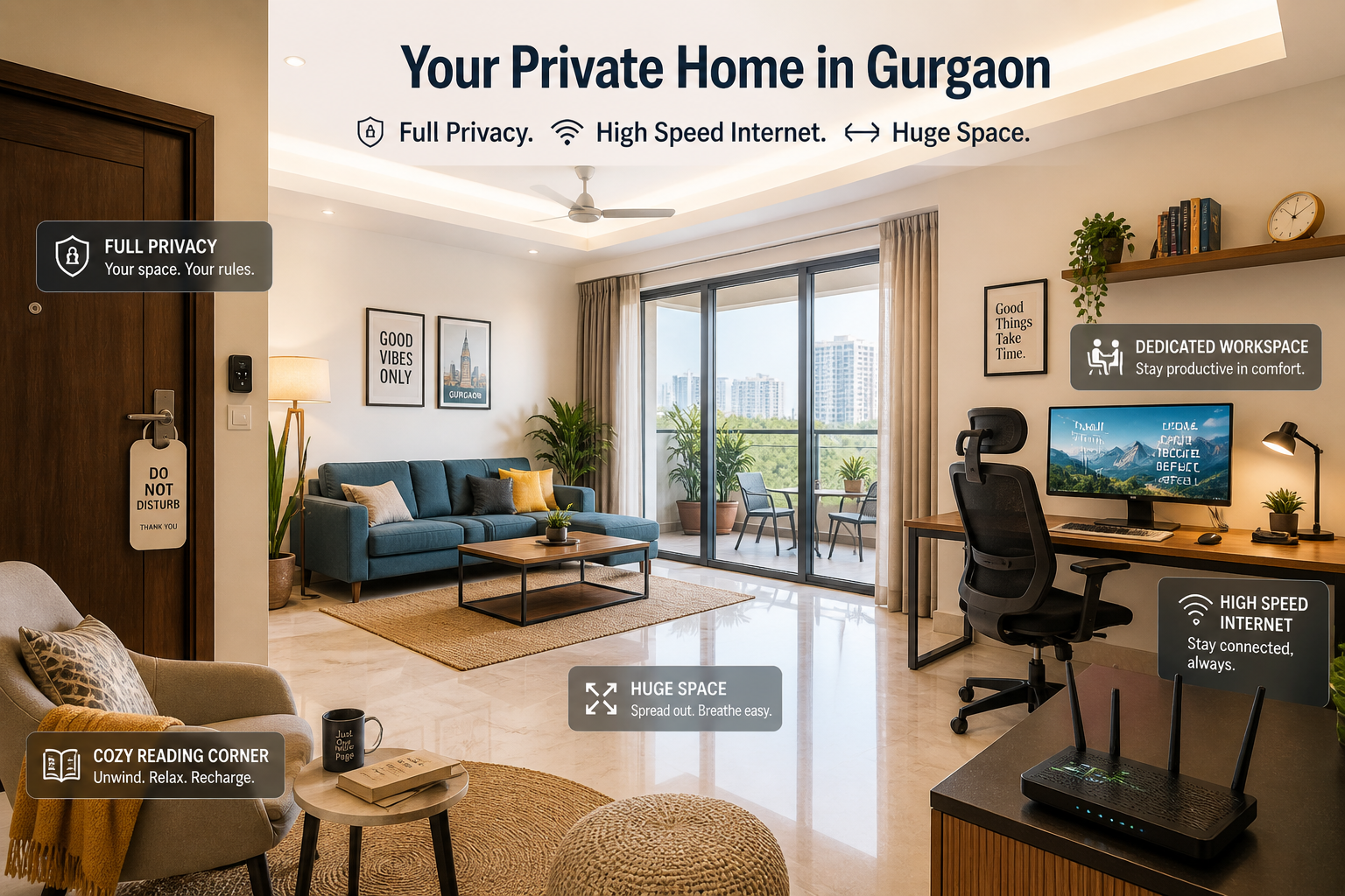 A detailed () image illustrating an inviting and fully private Airbnb apartment interior in Gurgaon, specifically