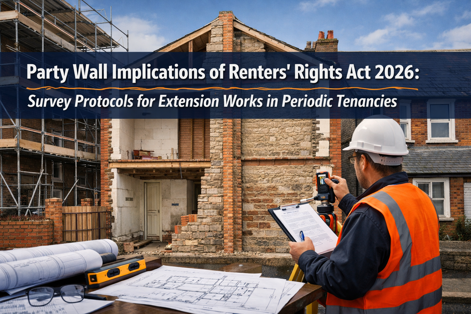 Professional () hero image featuring 'Party Wall Implications of Renters' Rights Act 2026: Survey Protocols for Extension