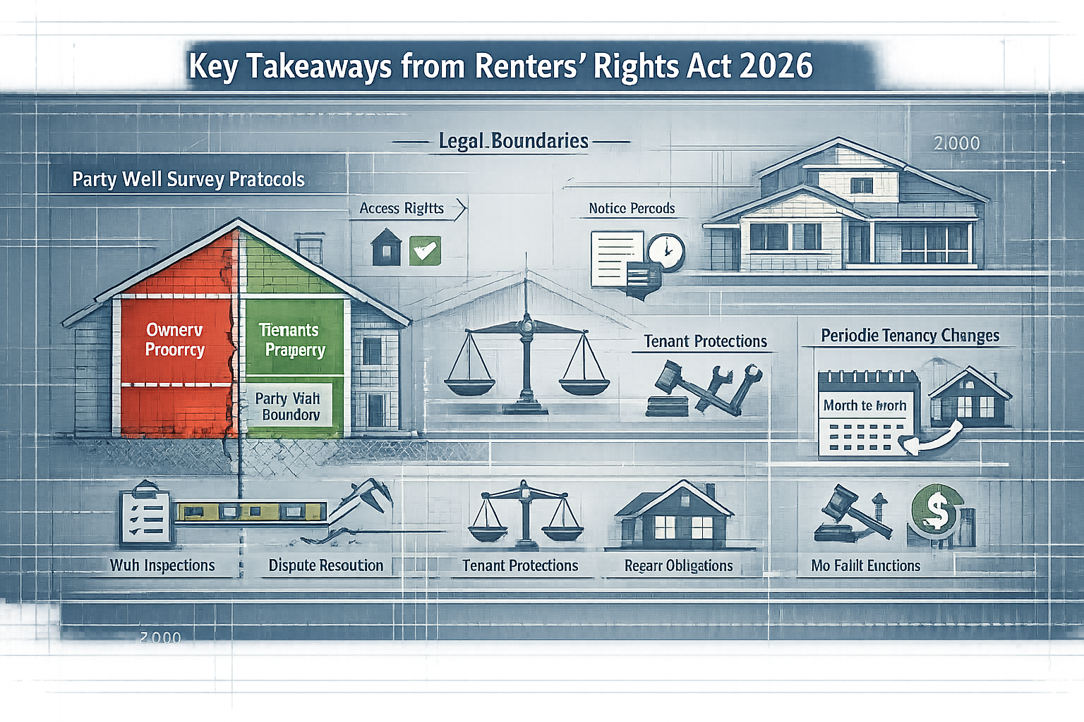 Conceptual editorial infographic visualizing 'Key Takeaways' from Renters' Rights Act 2026, featuring a multi-layered