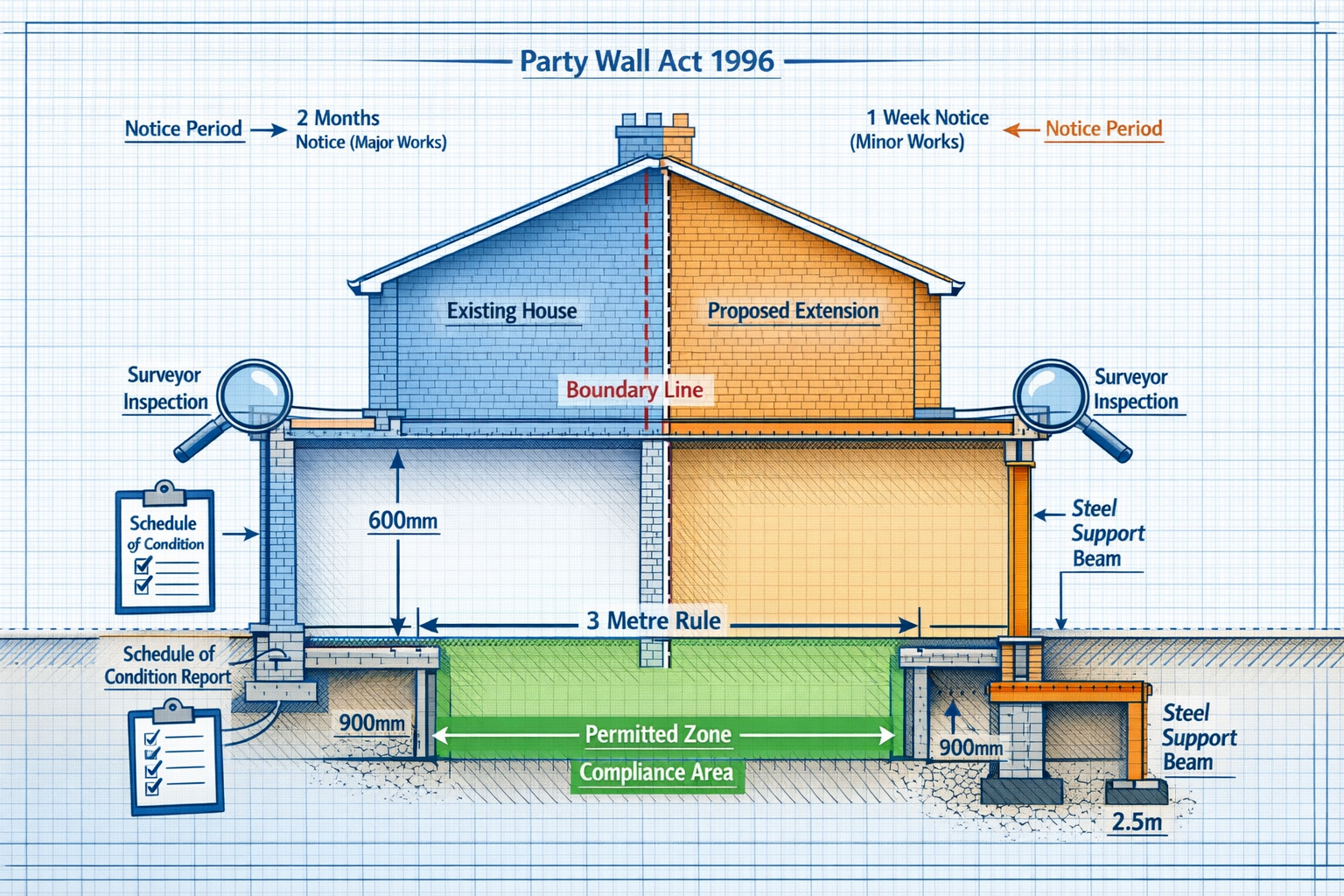 () technical illustration showing cross-section view of terraced house party wall with extension work in progress. Detailed