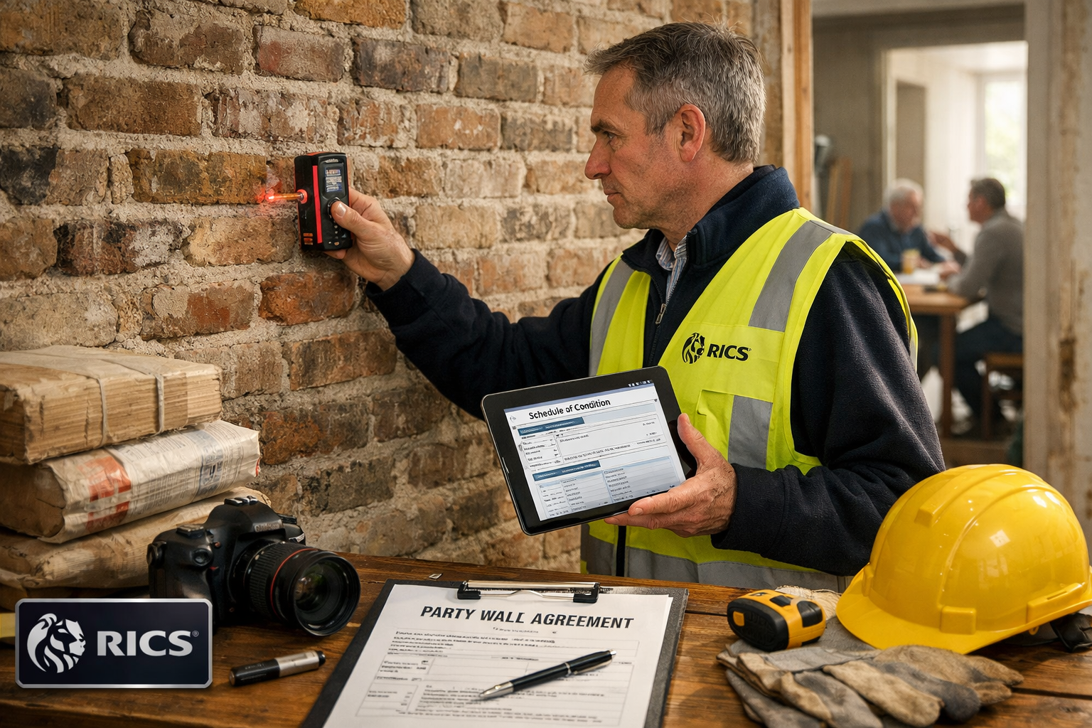 () professional photograph-style image of RICS-qualified surveyor conducting party wall inspection in modern London terraced