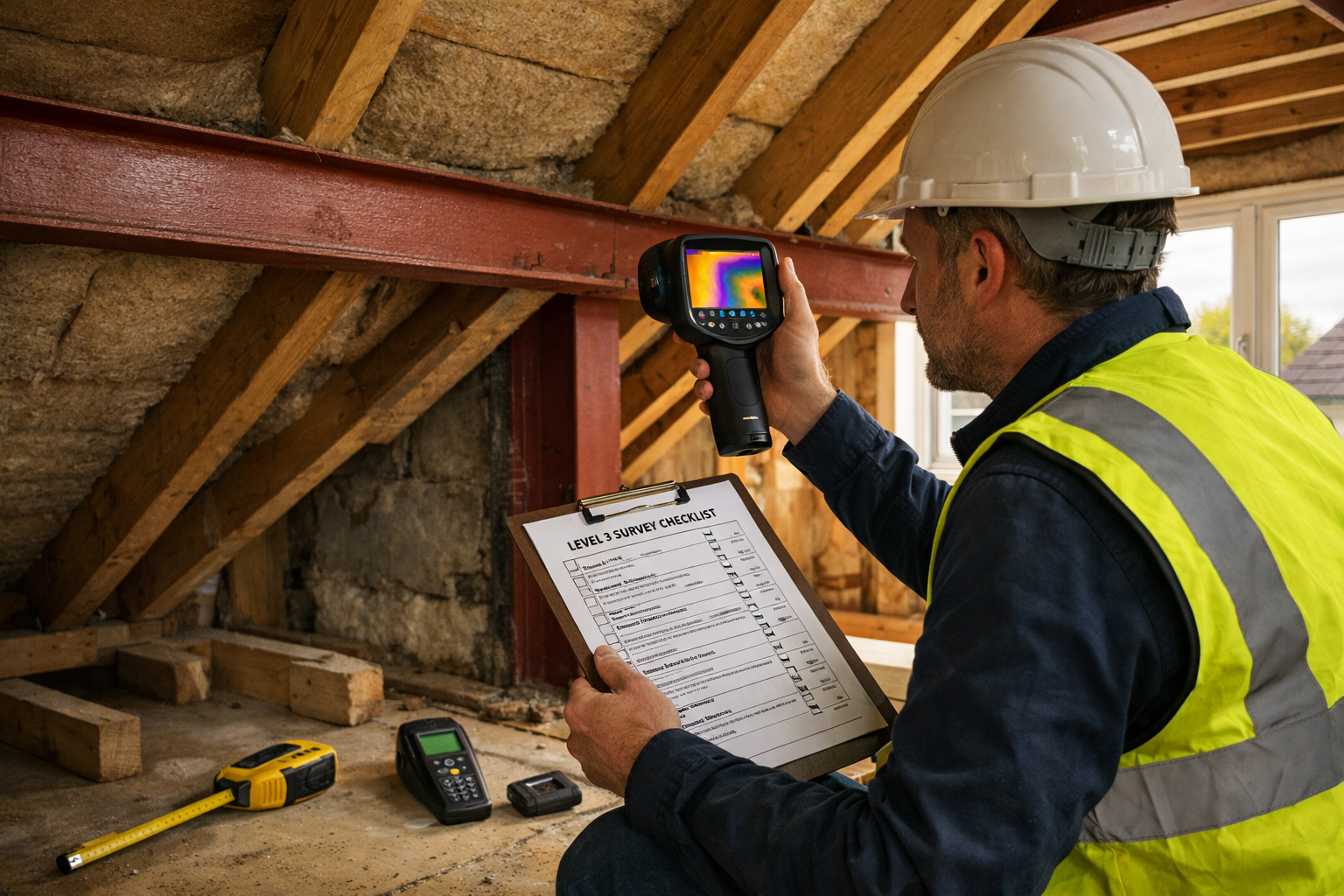 Detailed () image showing professional surveyor conducting Level 3 building survey inspection inside active loft conversion