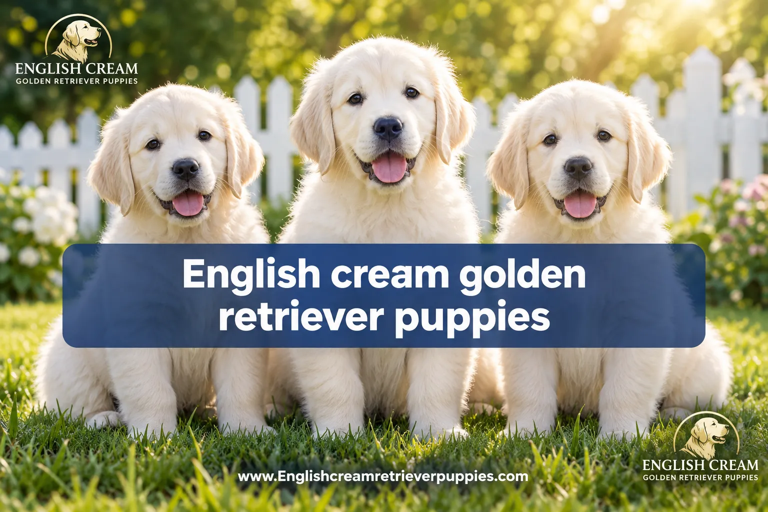 Professional () editorial hero image with SHORT reading exactly 'English cream golden retriever puppies' in crisp white