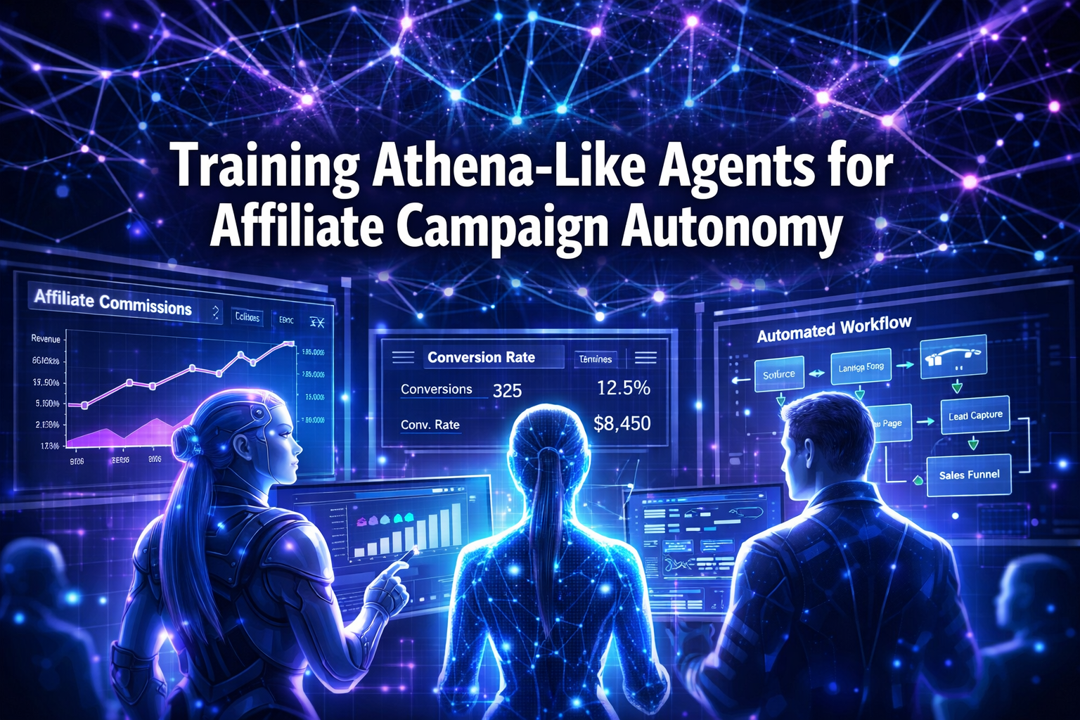 Professional () hero image featuring 'Training Athena-Like Agents for Affiliate Campaign Autonomy' in extra large white with