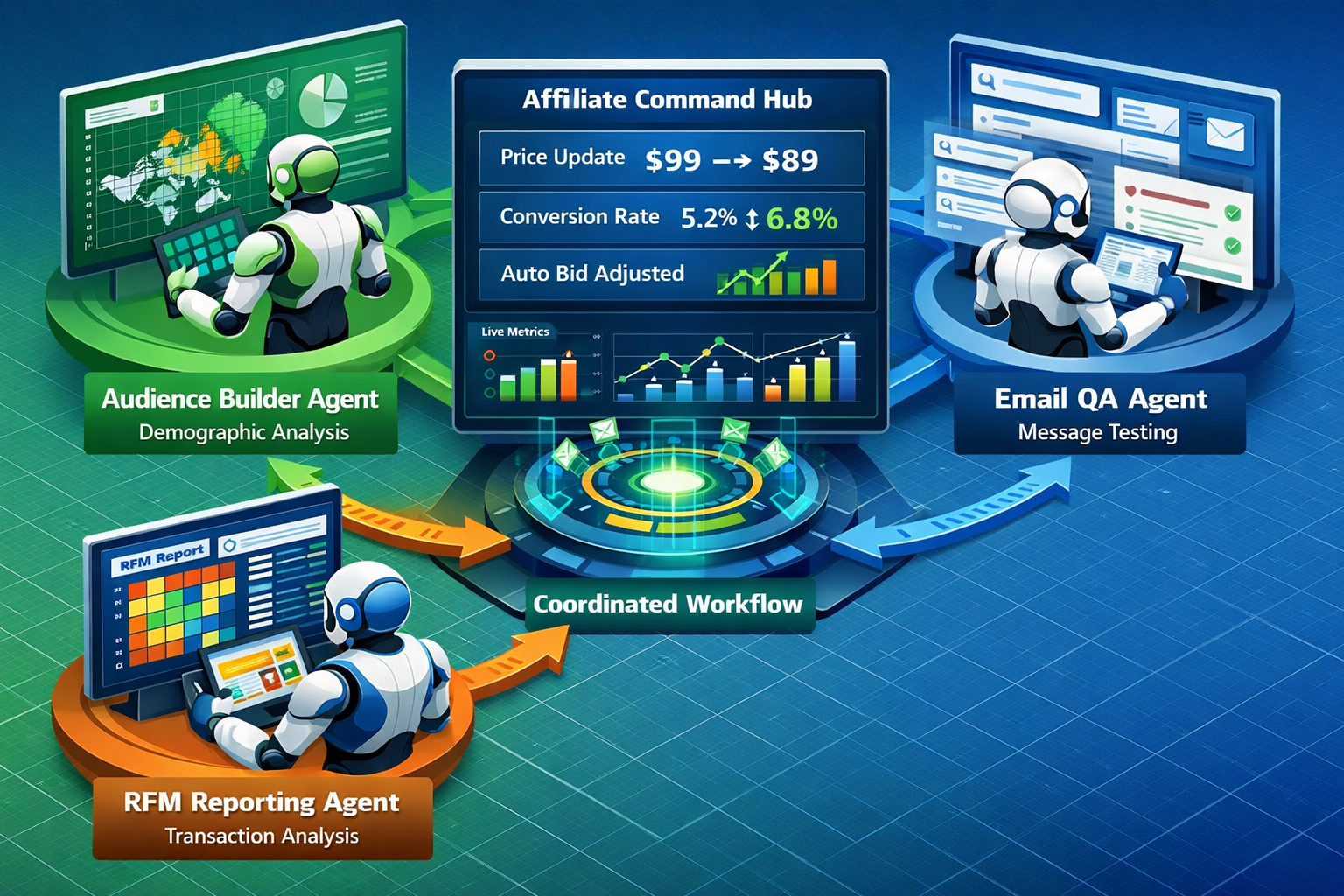 Detailed () illustration showing three distinct AI agent avatars working in coordinated workflow formation, each labeled