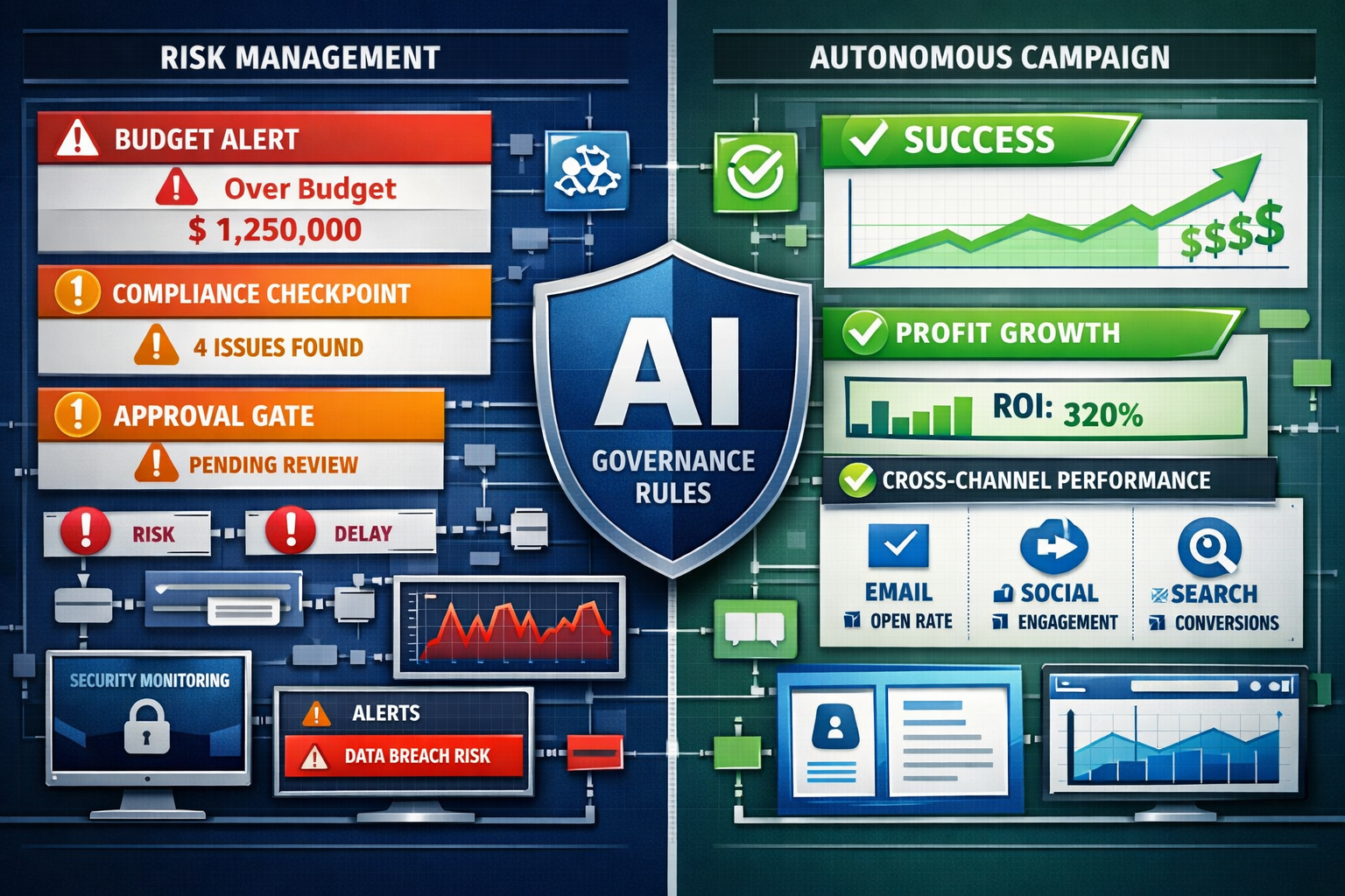 Detailed () split-screen composition showing governance framework implementation. Left side displays risk management