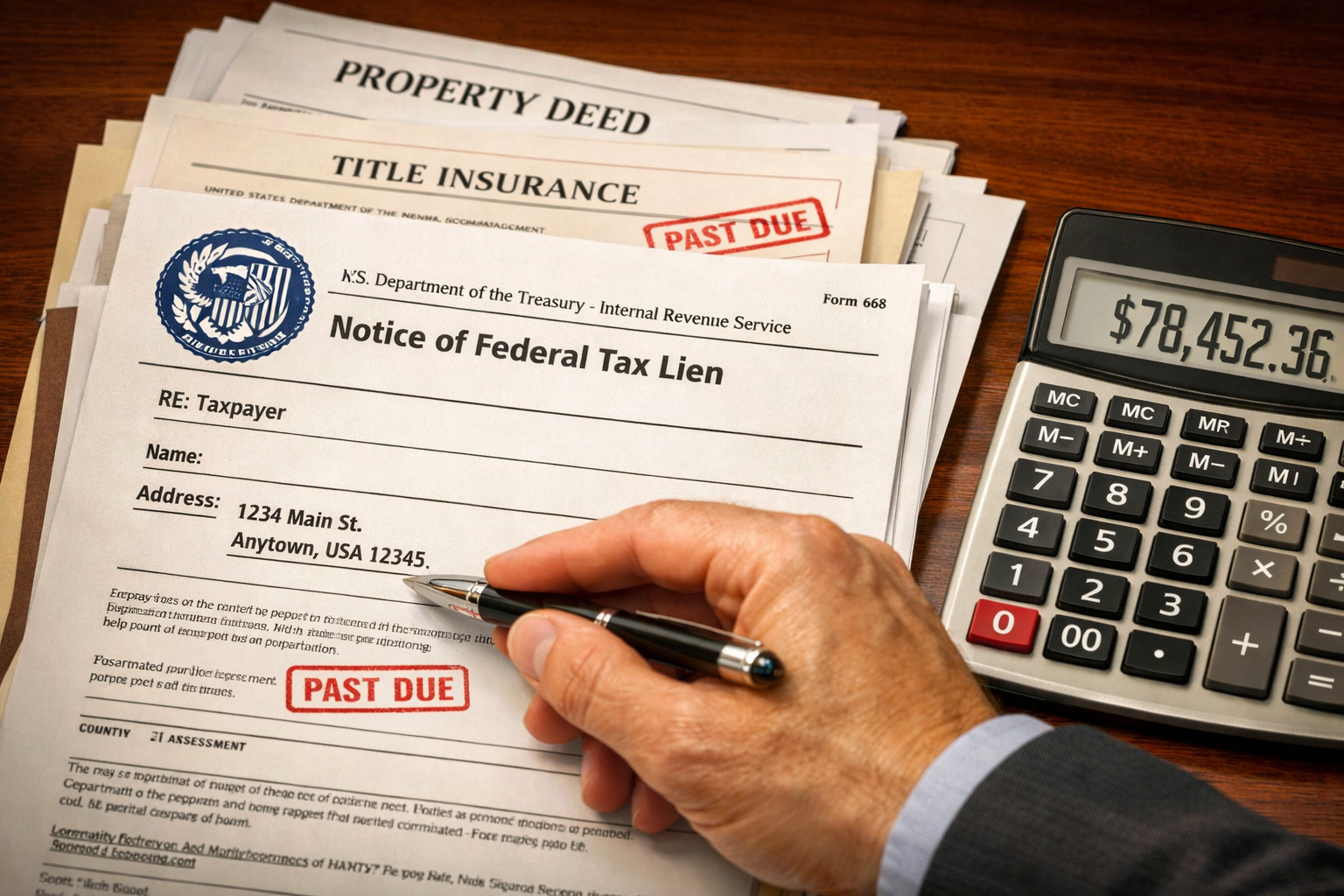 Detailed landscape format (1536x1024) editorial image showing close-up of IRS Form 668 federal tax lien document with official government se