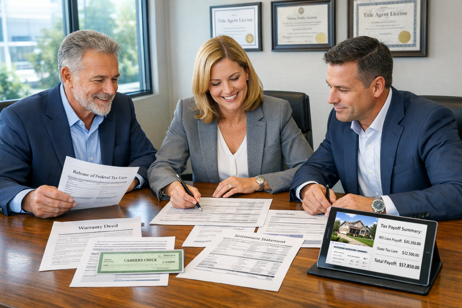 Detailed landscape format (1536x1024) professional real estate transaction scene showing modern title company office conference room. Large