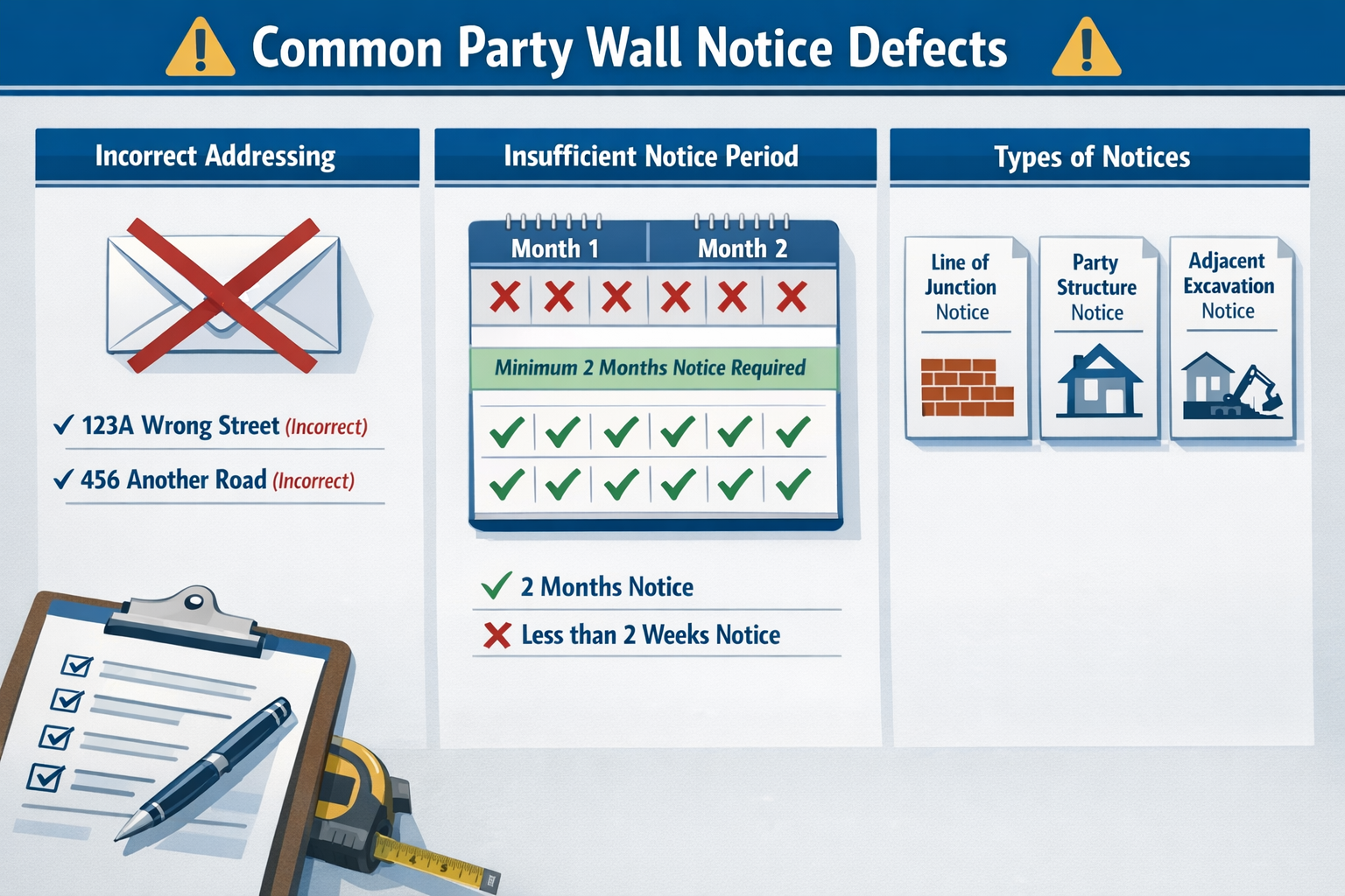 () detailed infographic showing three columns of common party wall notice defects: left column displays incorrect addressing