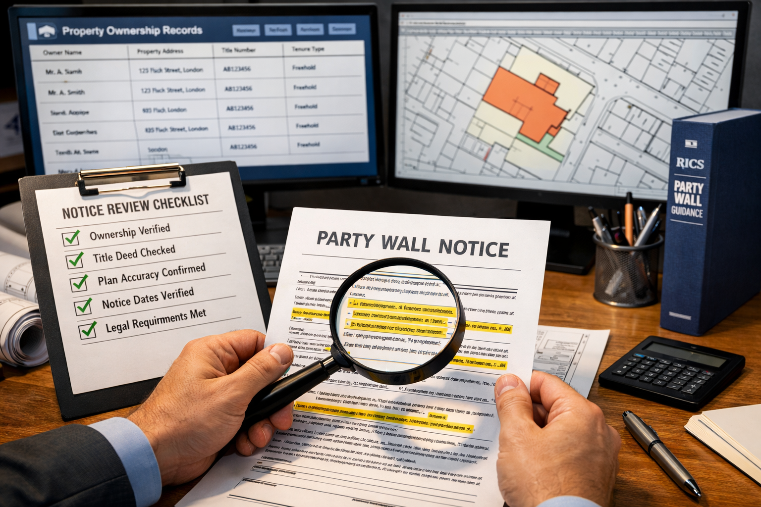 () professional office scene showing party wall surveyor at desk conducting thorough notice review process: close-up view of