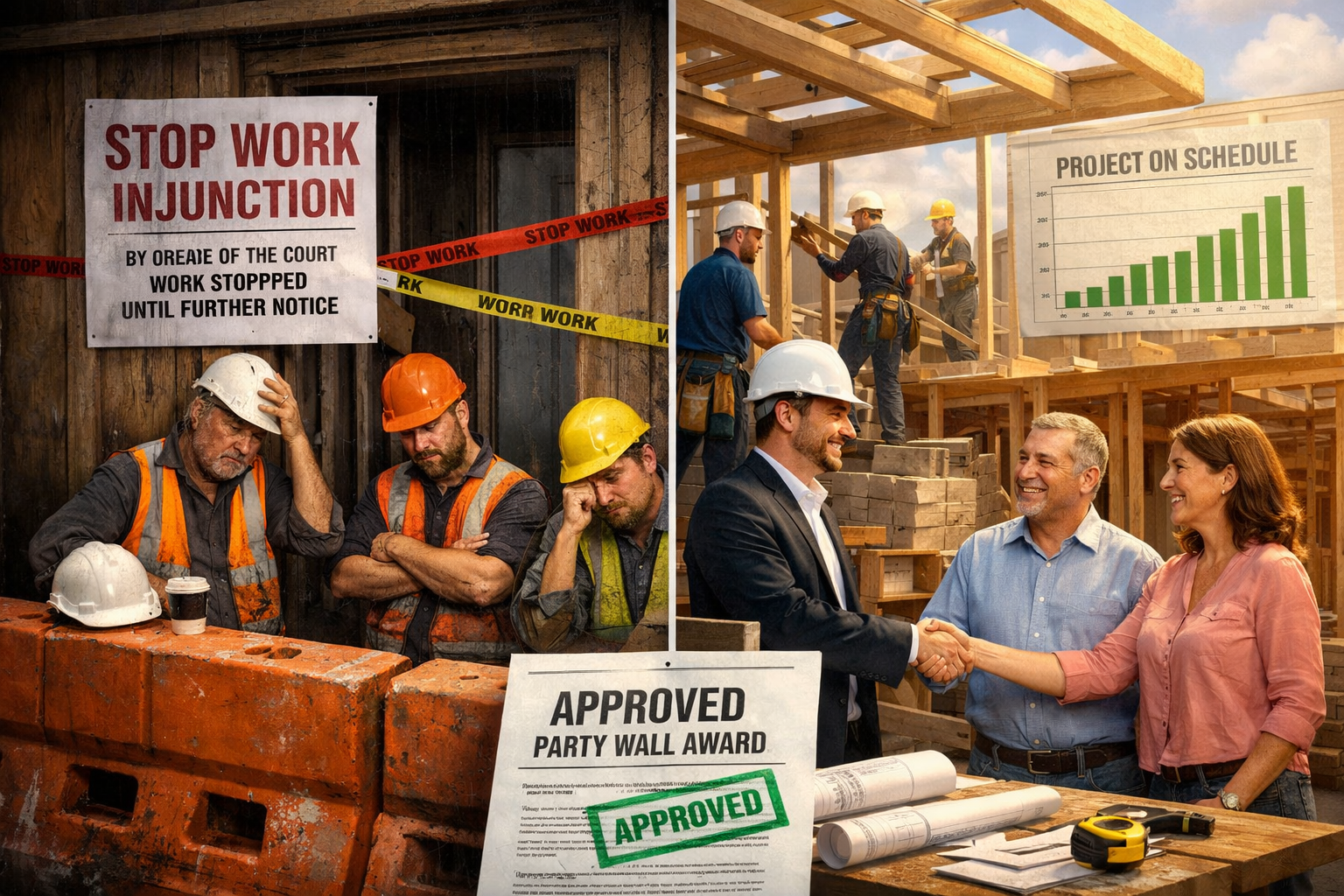 () dramatic before-and-after comparison split image: left side shows construction site with orange barriers, STOP WORK