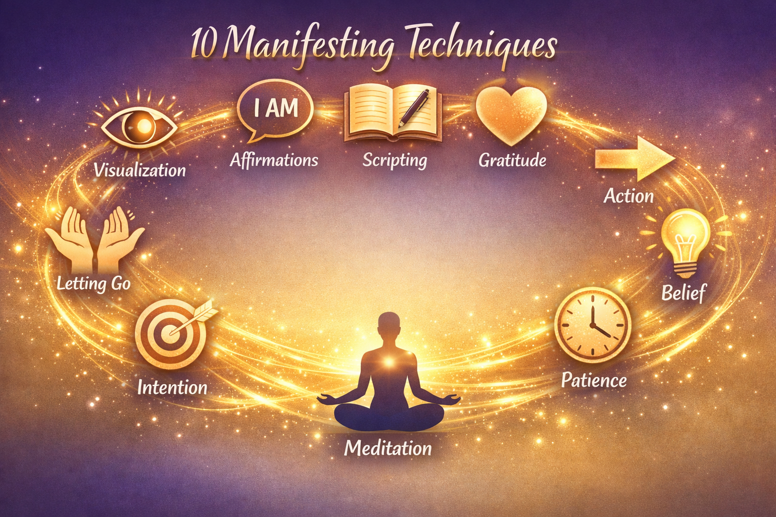 () infographic showing the 10 manifesting techniques as interconnected circular icons: visualization eye symbol, affirmation