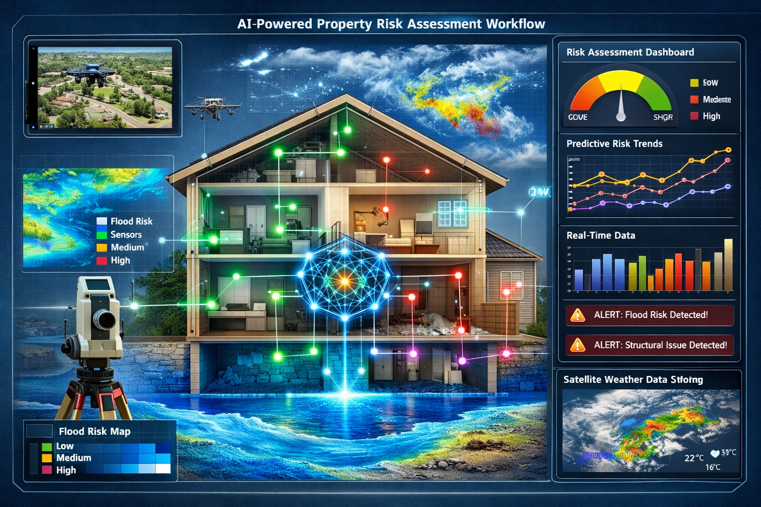 Landscape format (1536x1024) detailed illustration showing AI-powered property risk assessment workflow. Central focus on modern residential