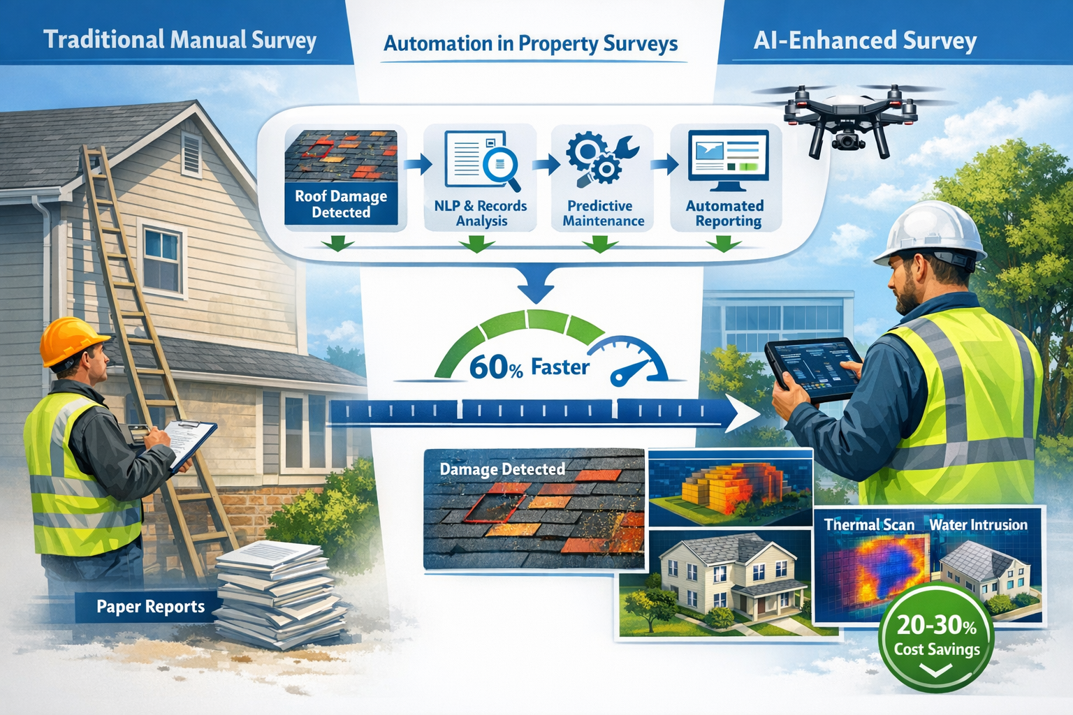 Landscape format (1536x1024) comprehensive infographic showing automation streamlining property survey processes. Split into before-and-afte