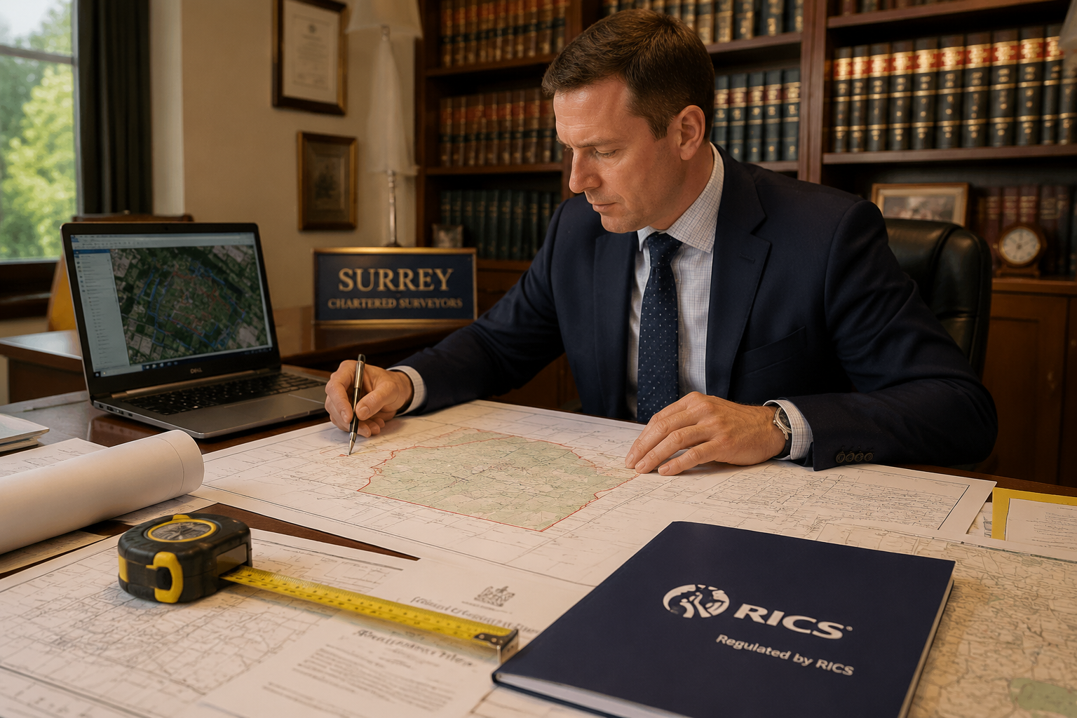 Wide-angle editorial photograph of a chartered surveyor in professional attire reviewing large-scale boundary survey maps