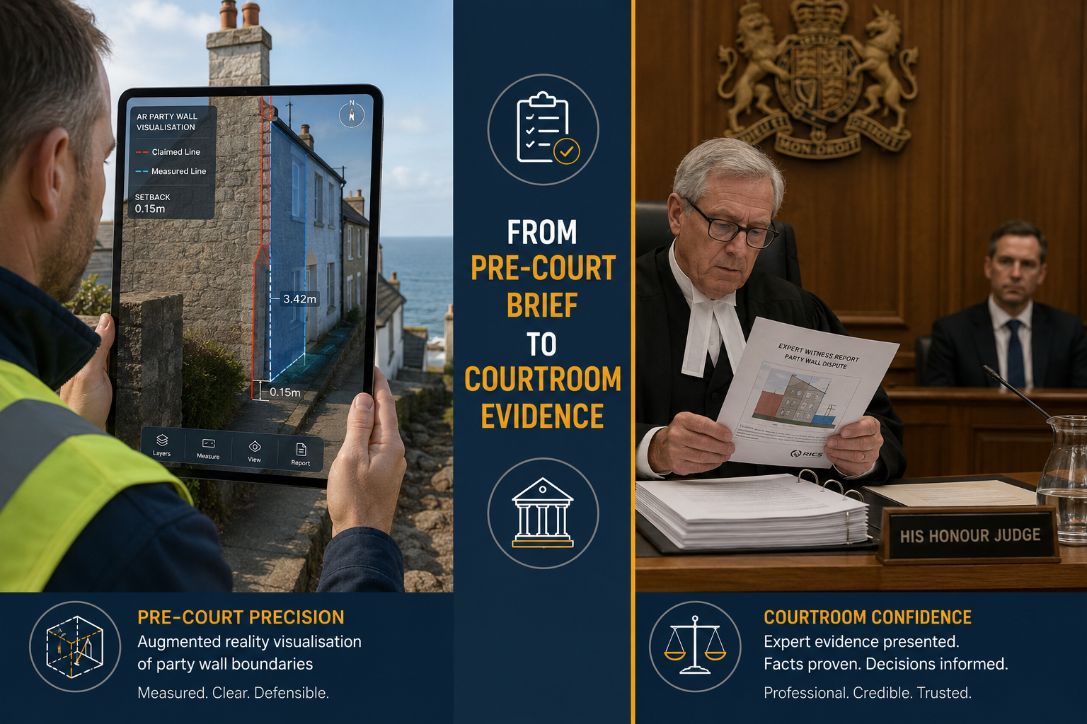 Split-panel infographic-style editorial image: left panel shows augmented reality visualization of a party wall dispute