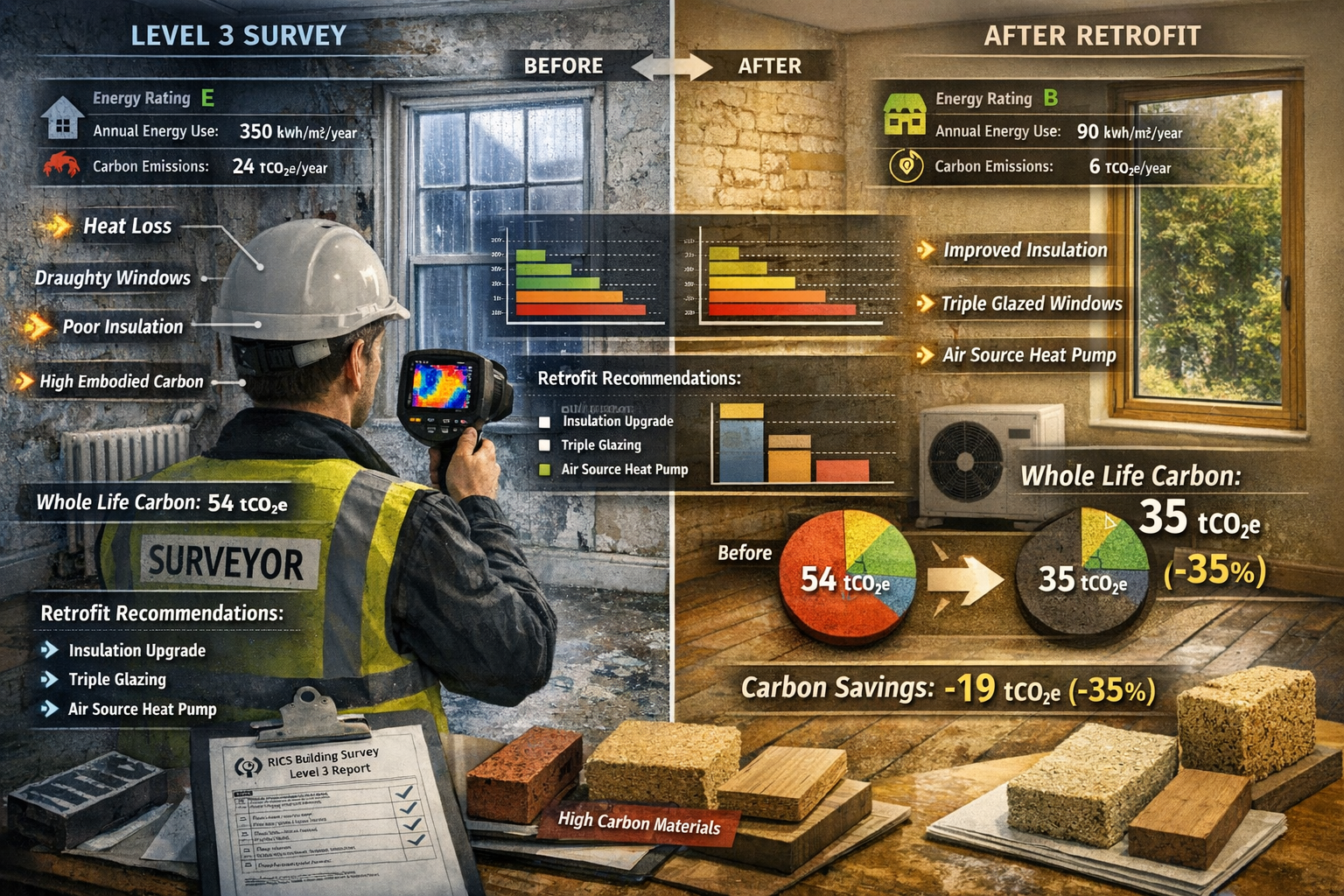 Detailed () image depicting building surveyor conducting Level 3 survey in period property interior, holding thermal imaging
