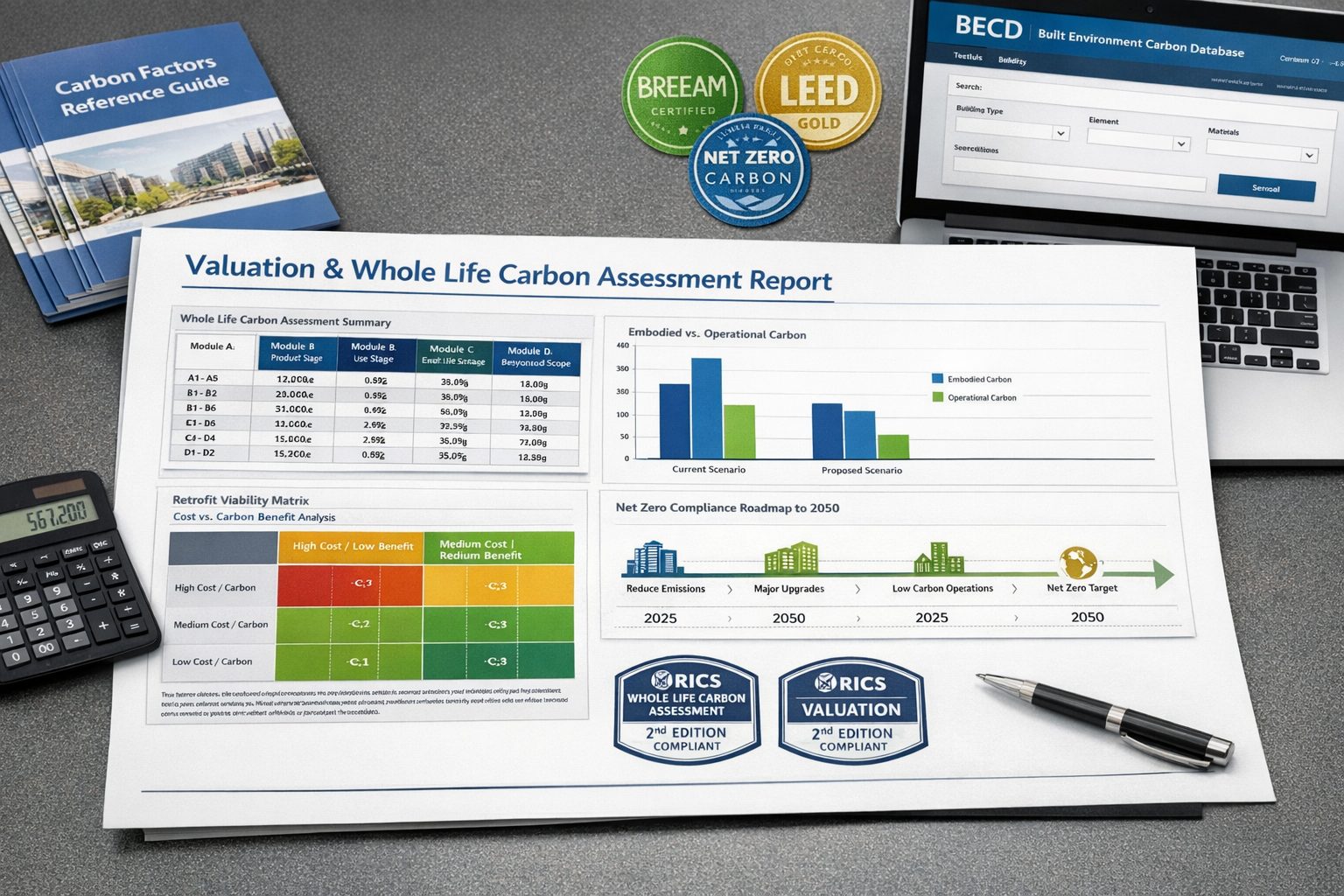 Detailed () image showing professional valuation report document layout with integrated whole life carbon assessment