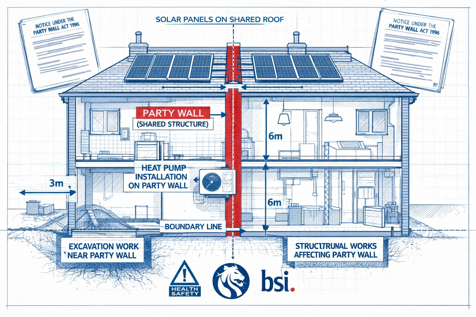 Landscape format (1536x1024) detailed illustration showing UK terraced house cross-section with party wall highlighted in red, solar panels
