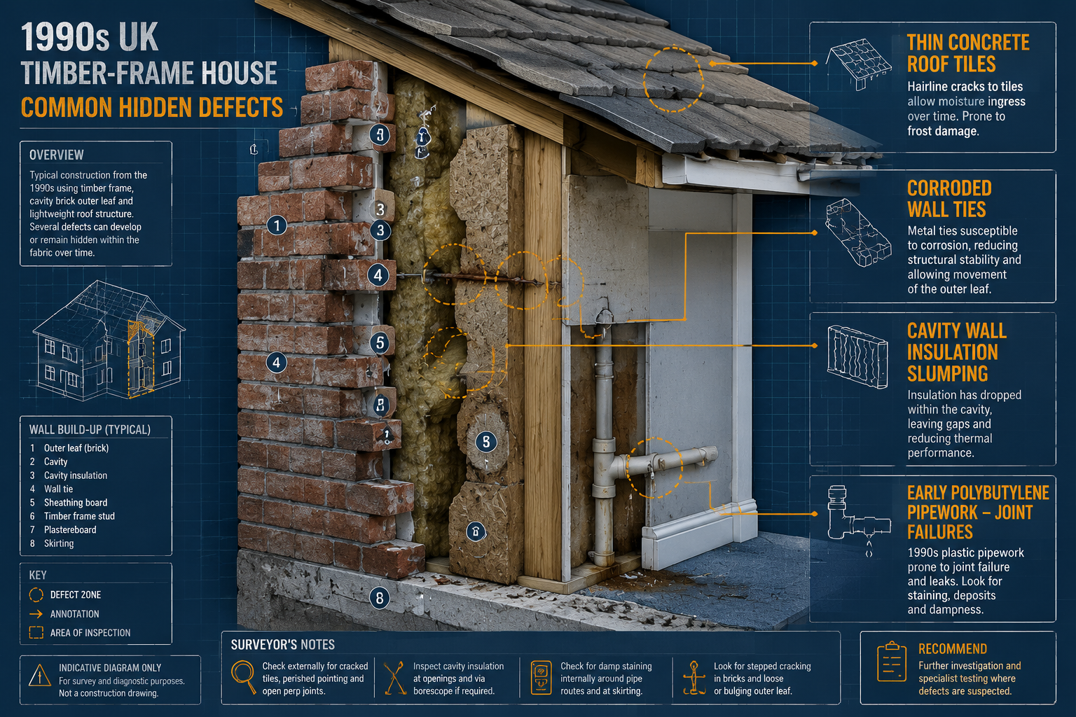Detailed () editorial illustration showing a cross-section cutaway diagram of a 1990s UK timber-frame house wall revealing