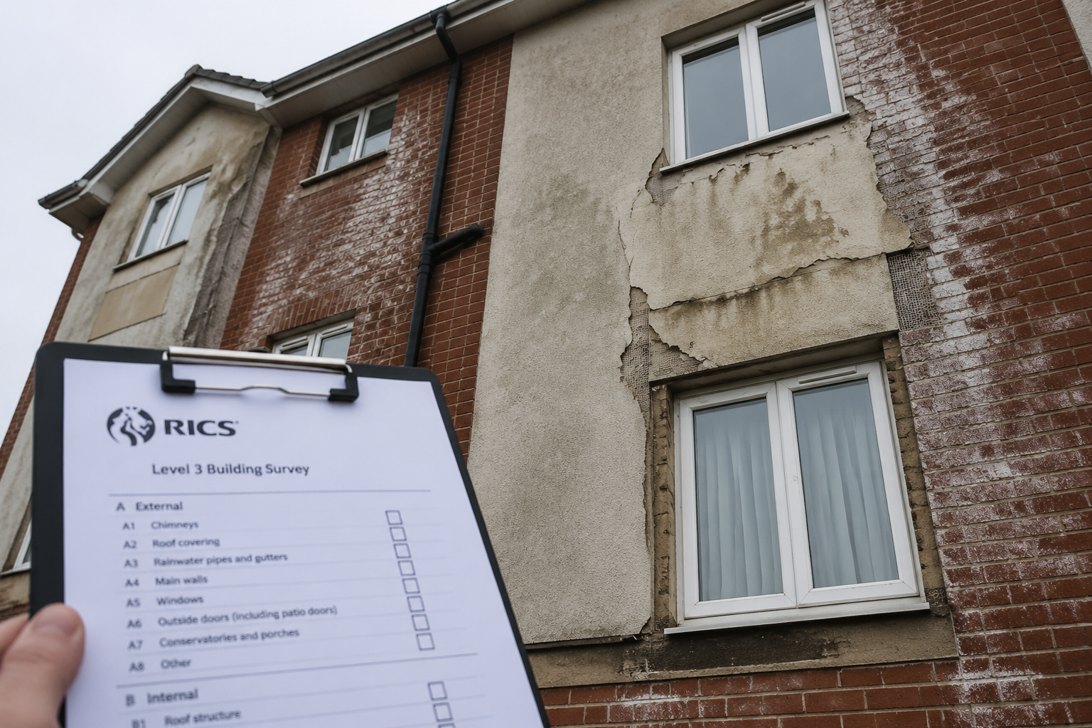 () close-up editorial photograph taken from ground level looking up at the exterior facade of a 2000s-era UK residential