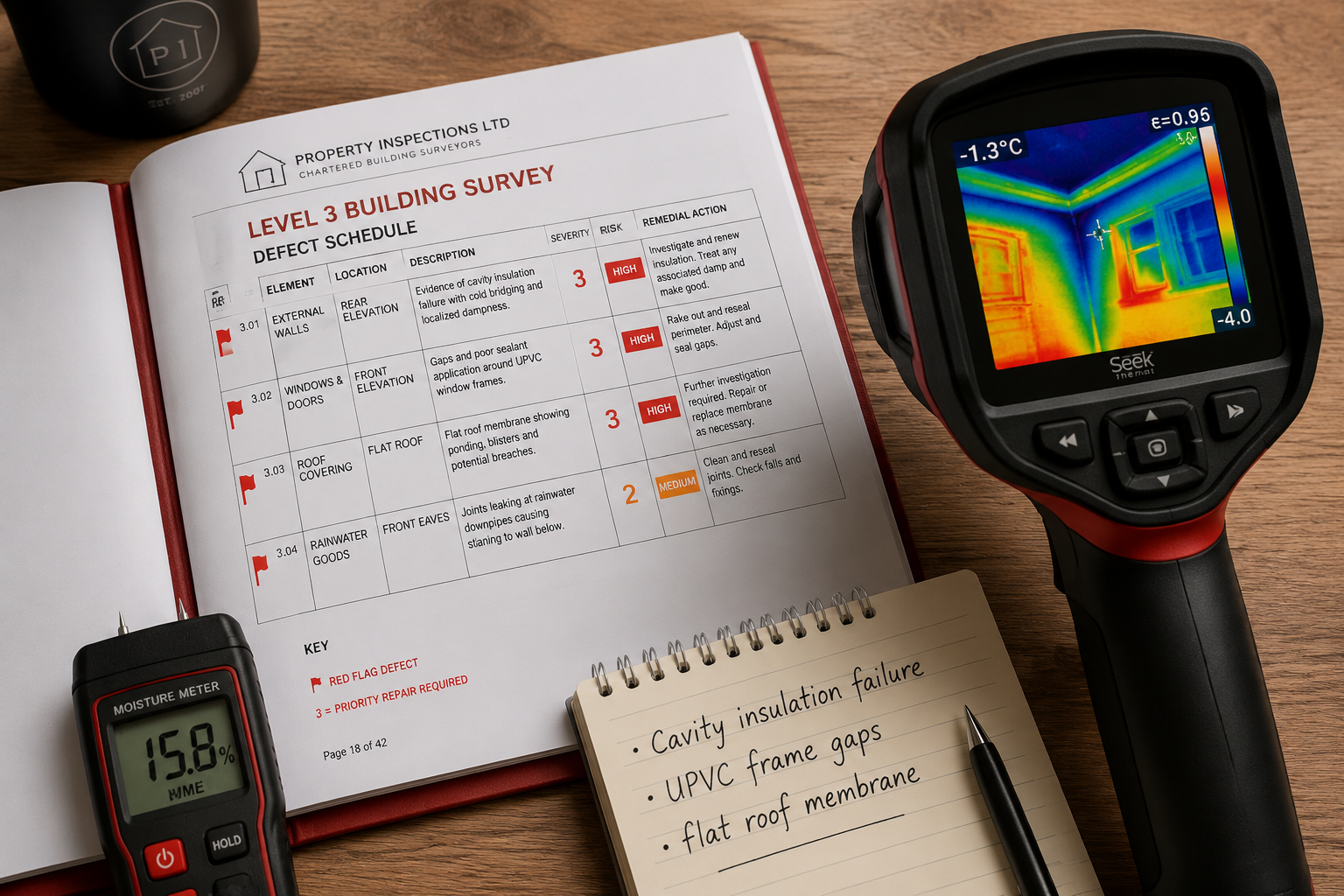 () overhead flat-lay composition on a wooden desk showing a Level 3 building survey report document open to a defect