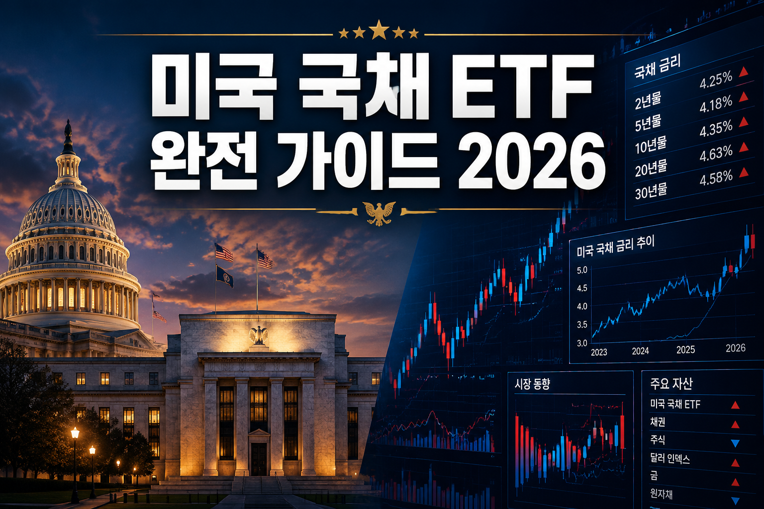Professional () hero image featuring Korean '미국 국채 ETF 완전 가이드 2026' in extra large white with dark drop , centered in upper
