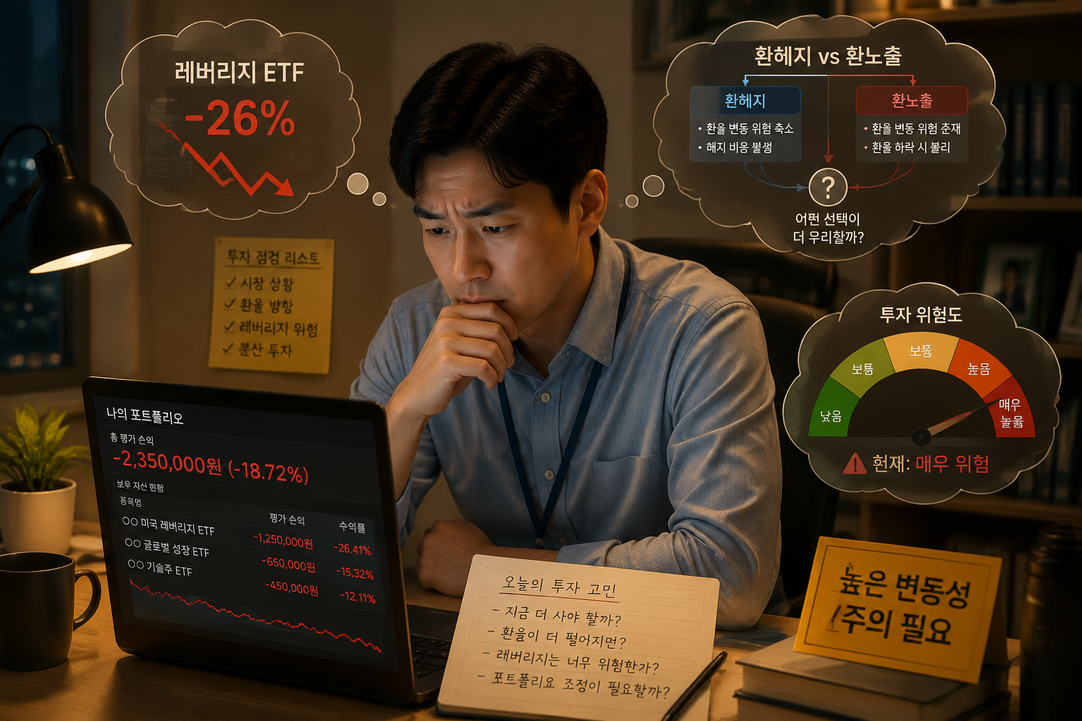 () showing a Korean individual investor (salary worker, business casual attire) sitting at desk looking concerned at laptop