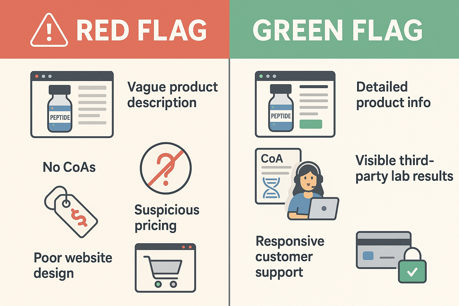 A split-screen visual comparing a 'red flag' scenario for buying peptides online (e.g., vague product descriptions, no CoAs, suspicious pric