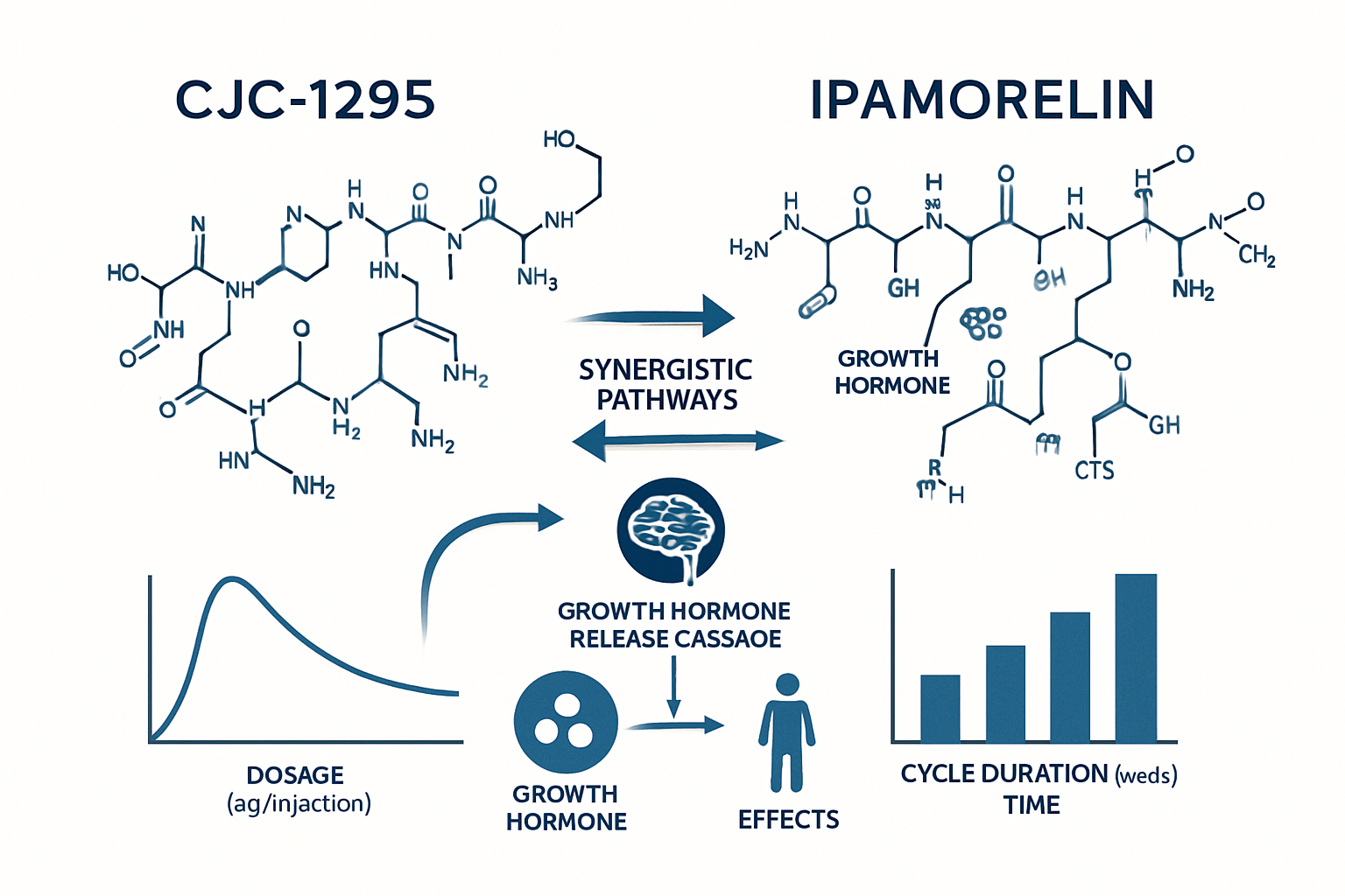 Scientific infographic showing CJC1295 and Ipamorelin molecular structures side by side with connecting arrows illustrating synergistic path