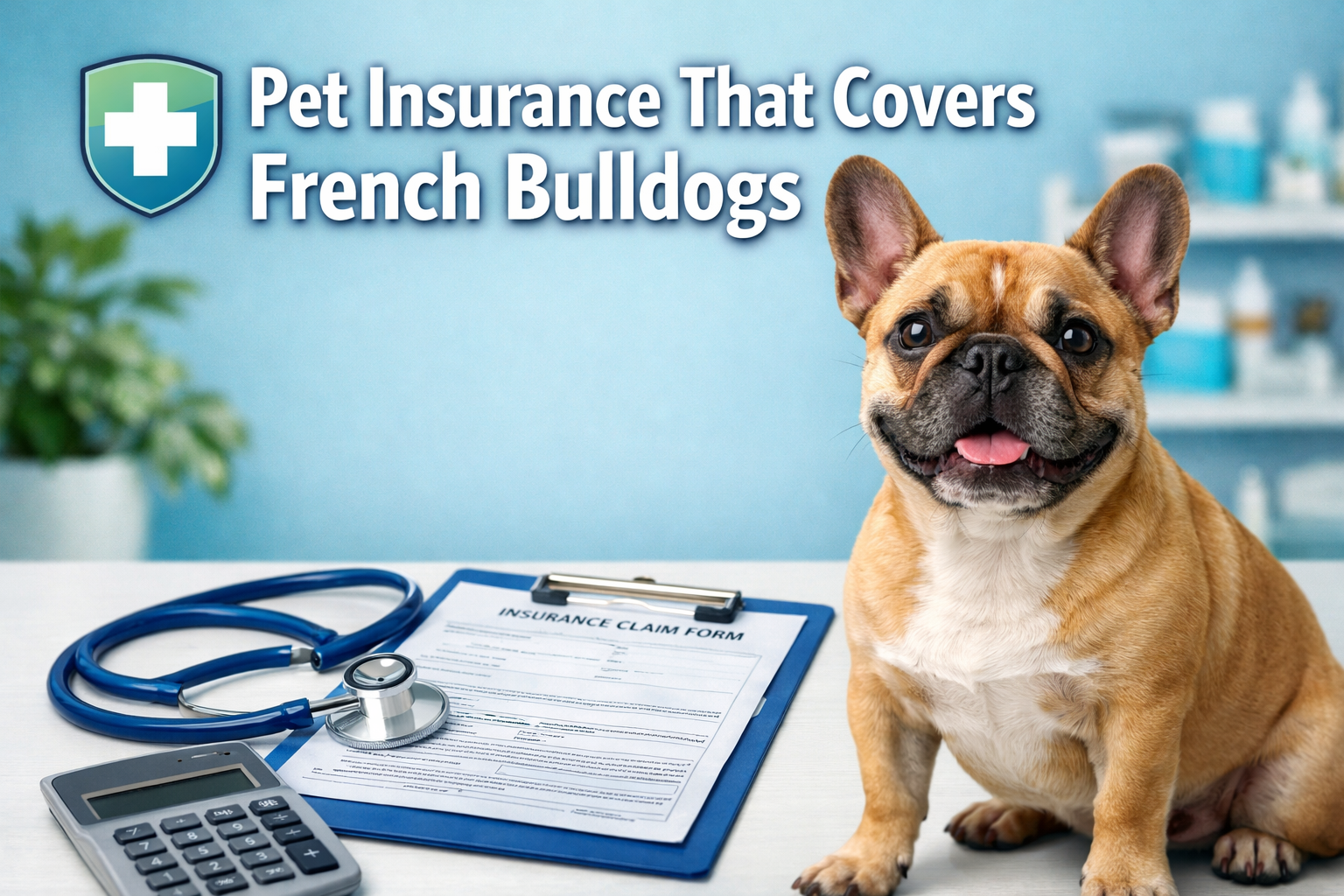Professional landscape format (1536x1024) hero image with bold text overlay 'Pet Insurance That Covers French Bulldogs' in 70pt white sans-s