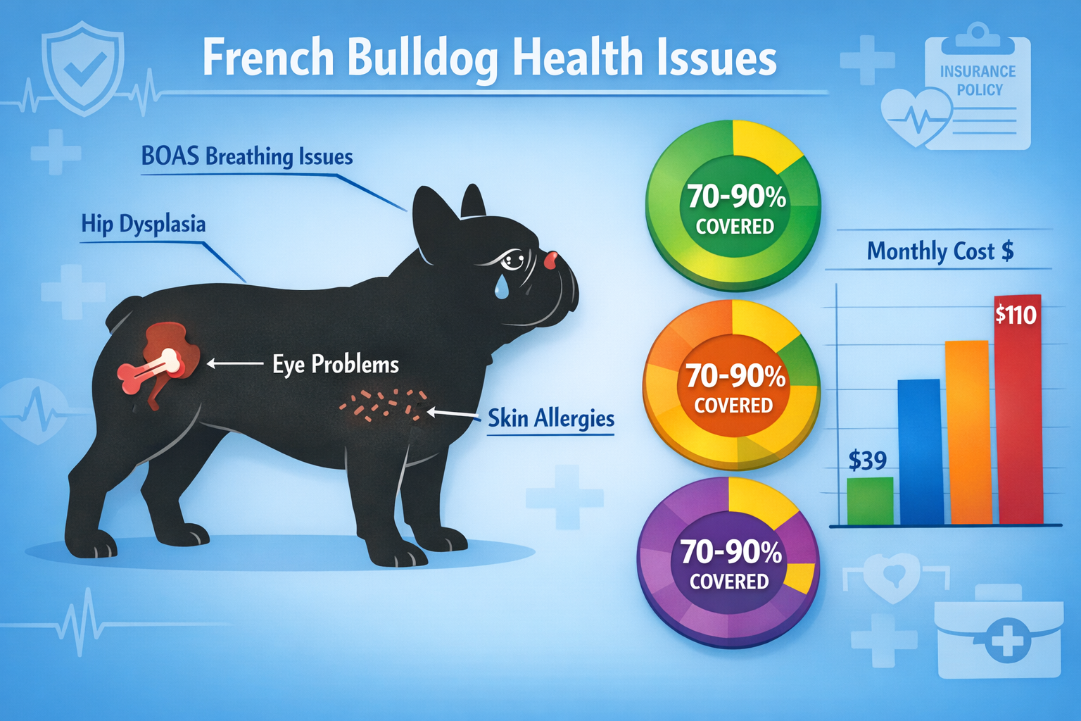 Landscape format (1536x1024) infographic showing French Bulldog silhouette with common health conditions labeled: BOAS breathing issues, hip