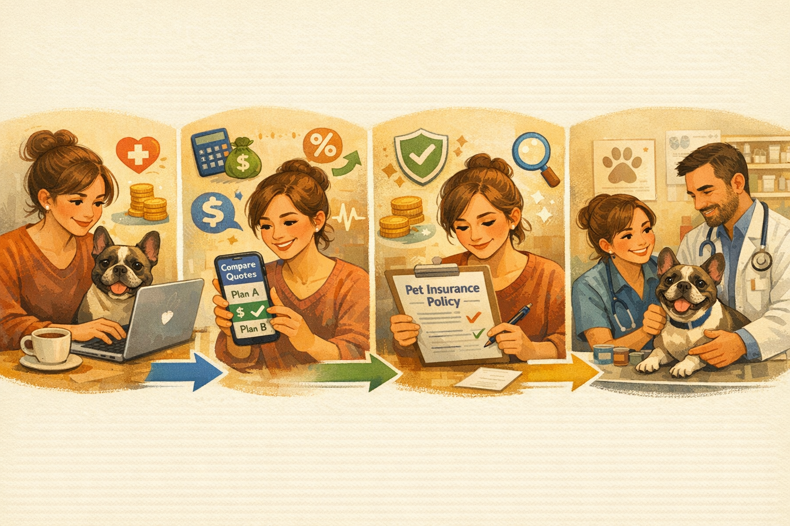 Landscape format (1536x1024) step-by-step visual guide showing French Bulldog owner researching insurance on laptop, comparing quotes on mob