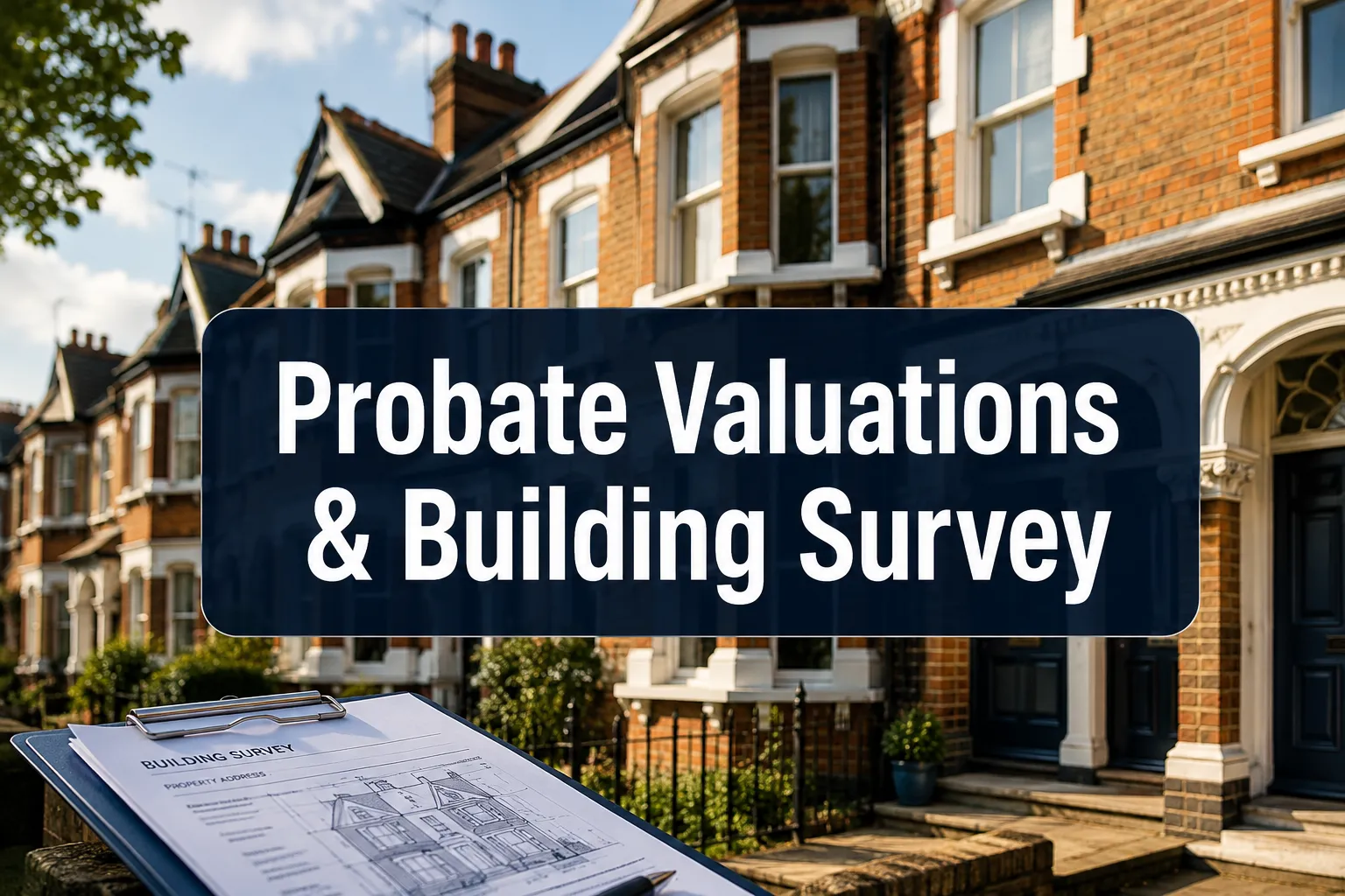 Professional () hero image with 'Probate Valuations & Building Survey' in crisp white on a dark semi-transparent panel,