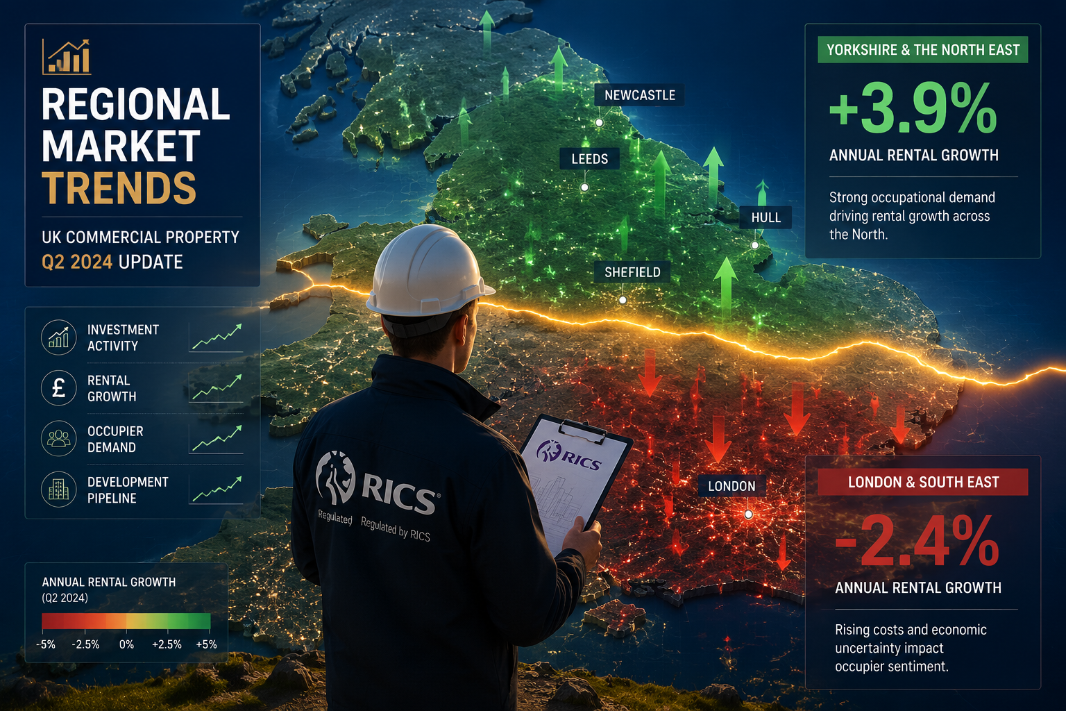 Wide-angle editorial illustration showing a UK map divided by a glowing north-south boundary line, with upward green arrows