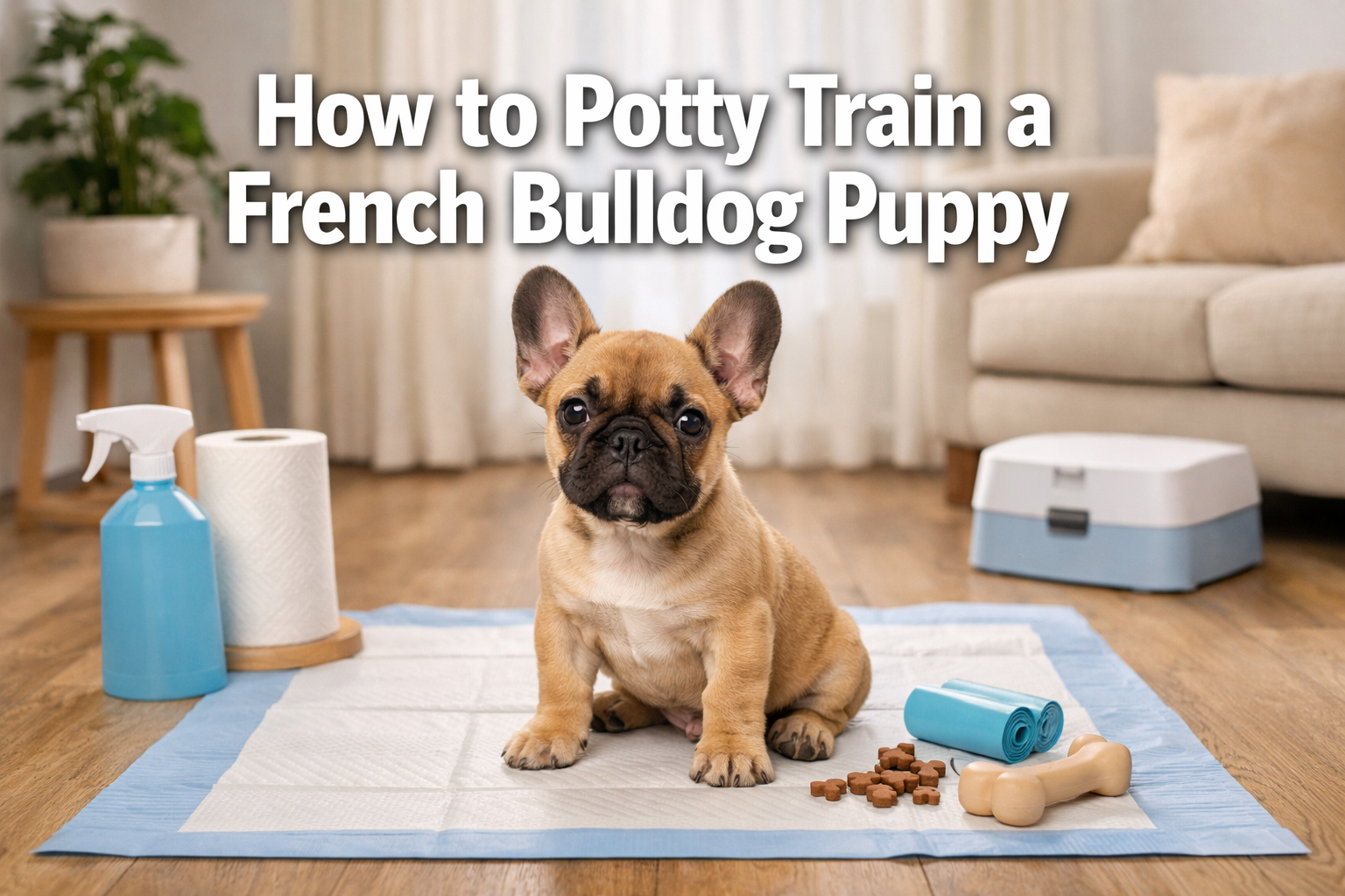 Professional landscape format (1536x1024) hero image featuring bold text overlay 'How to Potty Train a French Bulldog Puppy' in extra large 