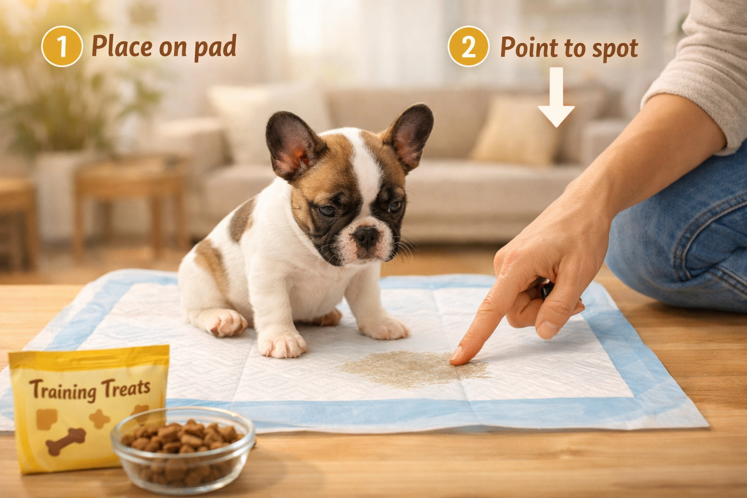 Landscape format (1536x1024) image showing French Bulldog puppy on designated potty pad with owner pointing to spot, indoor apartment settin