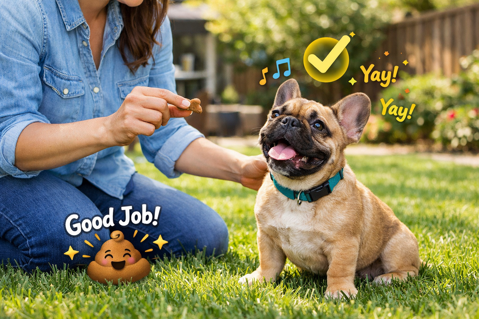 Landscape format (1536x1024) image depicting French Bulldog puppy being rewarded with treat after successful potty break, owner kneeling bes