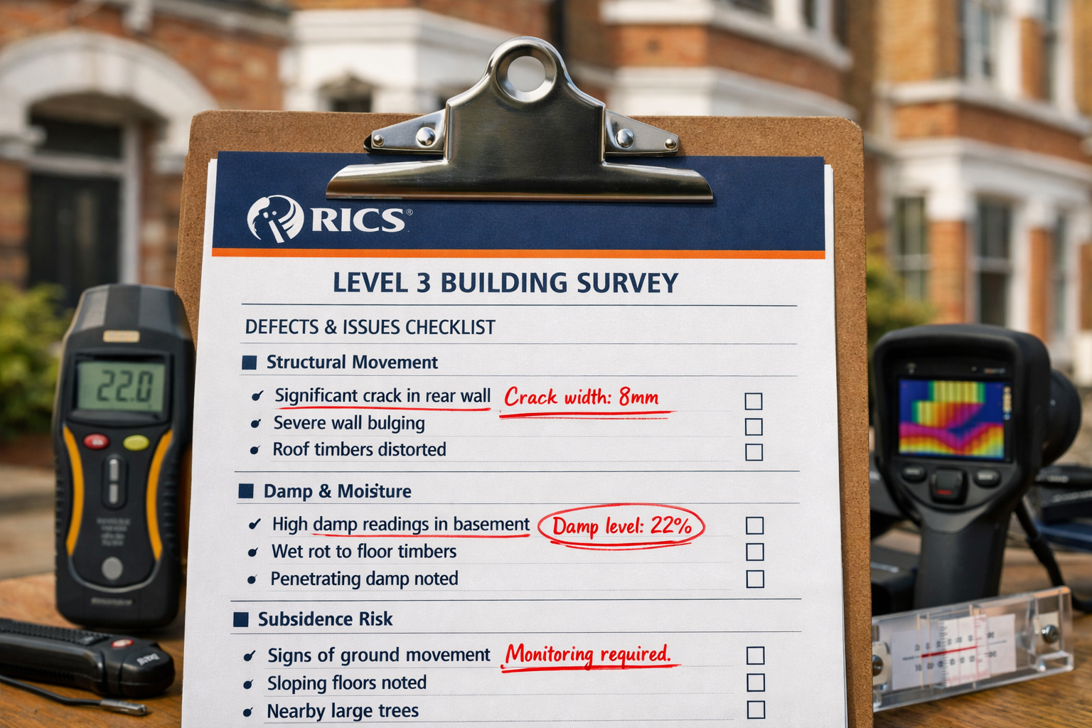 Detailed () image showing close-up of RICS Level 3 Building Survey report document on clipboard with visible detailed defect