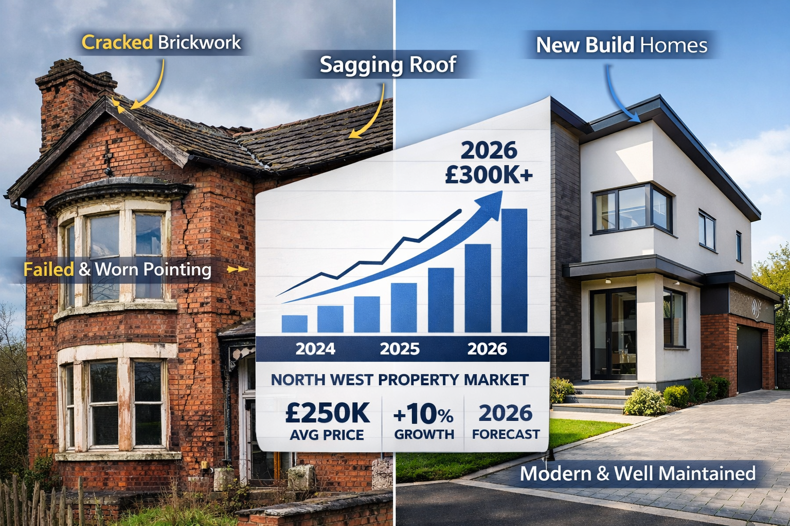 () split-screen comparison image showing two contrasting North West property types: left side displays period Victorian
