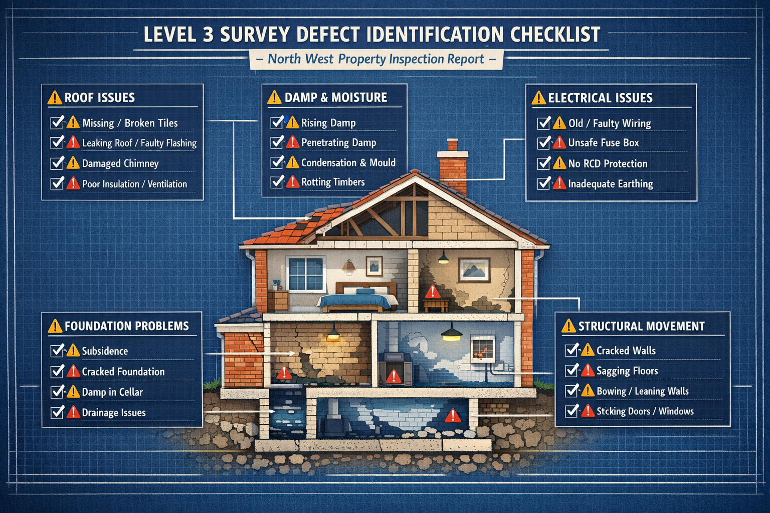 Detailed () infographic-style image displaying comprehensive Level 3 survey defect identification checklist tailored for