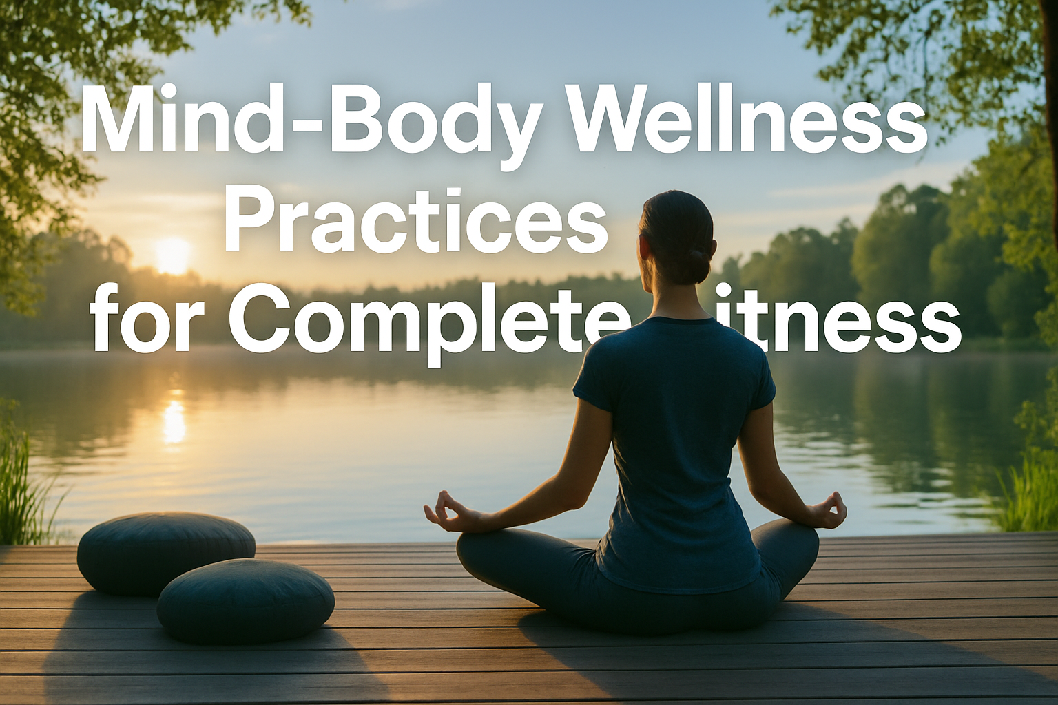 Professional landscape hero image (1536x1024) featuring bold text overlay 'Mind-Body Wellness Practices for Complete Fitness' in extra large