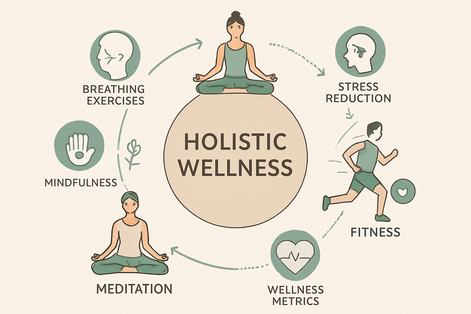 Detailed infographic showing interconnected mind-body wellness practices with circular flow diagram featuring yoga poses, meditation symbols
