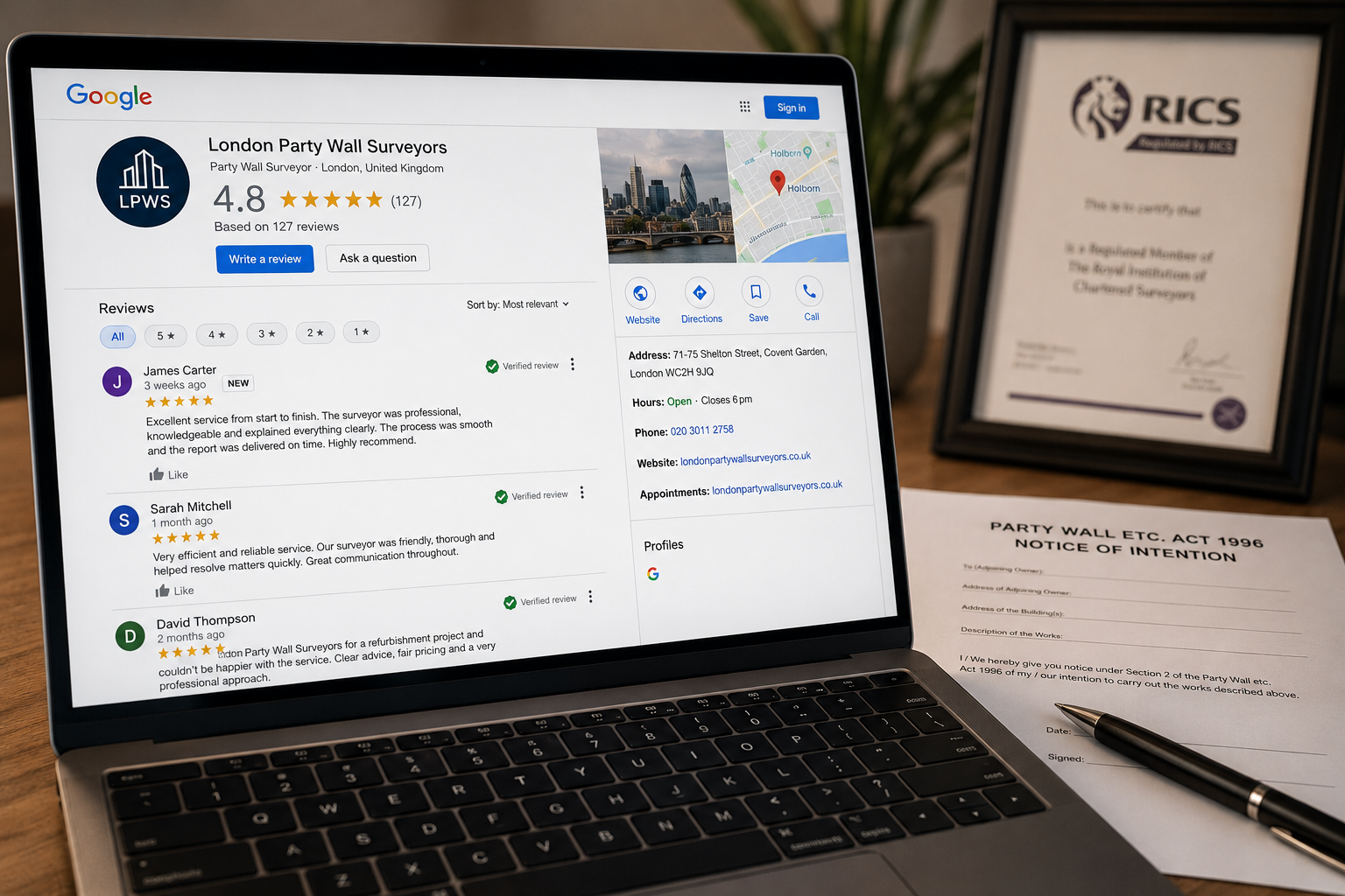 () close-up editorial photo of a laptop screen displaying a Google review panel for a party wall surveyor firm, showing