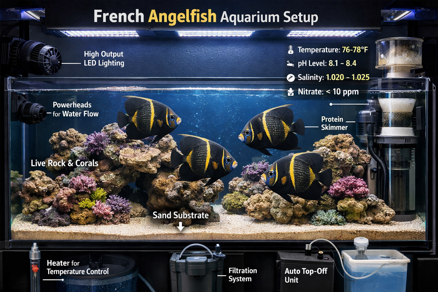 Professional landscape format (1536x1024) aquarium setup photograph showing a well-maintained saltwater tank designed for French angelfish, 