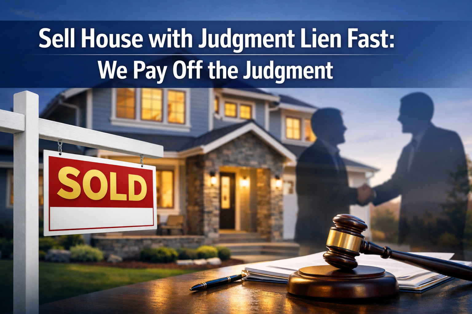 Professional landscape hero image (1536x1024) featuring bold text overlay 'Sell House with Judgment Lien Fast: We Pay Off the Judgment' in e